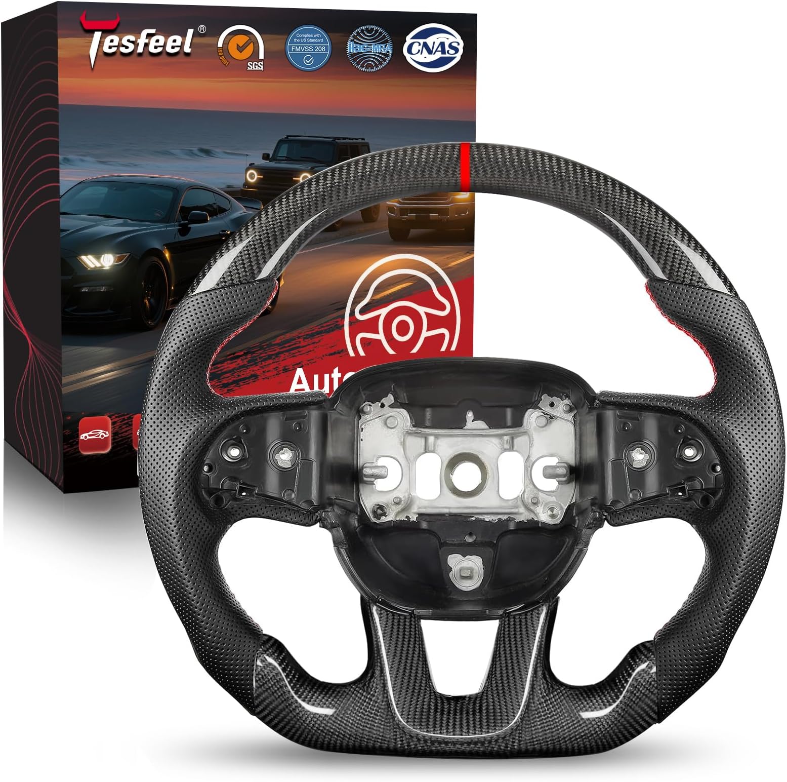 Steering Wheel for Dodge Charger for Dodge Challenger 2015-2024, 3K Real Carbon Fiber Steering Wheel D-shaped Flat-bottom Preforated Leather Grip (SXT/GT/RT/SRT/For Hellcat)