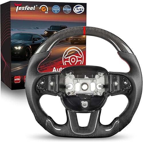 Tesfeel Steering Wheel for Dodge Charger for Dodge Challenger 2015-2024, 3K Real Carbon Fiber Steering Wheel D-shaped Flat-bottom Preforated Leather Grip (SXT/GT/RT/SRT/For Hellcat)