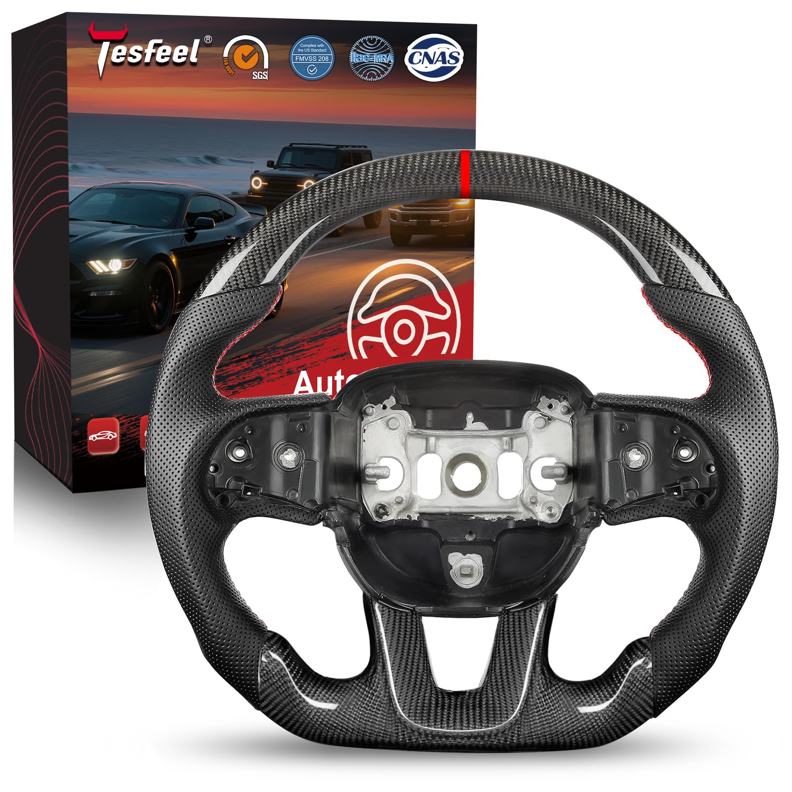 Steering Wheel for Dodge Charger for Dodge Challenger 2015-2024, 3K Real Carbon Fiber Steering Wheel D-shaped Flat-bottom Preforated Leather Grip (SXT/GT/RT/SRT/For Hellcat)