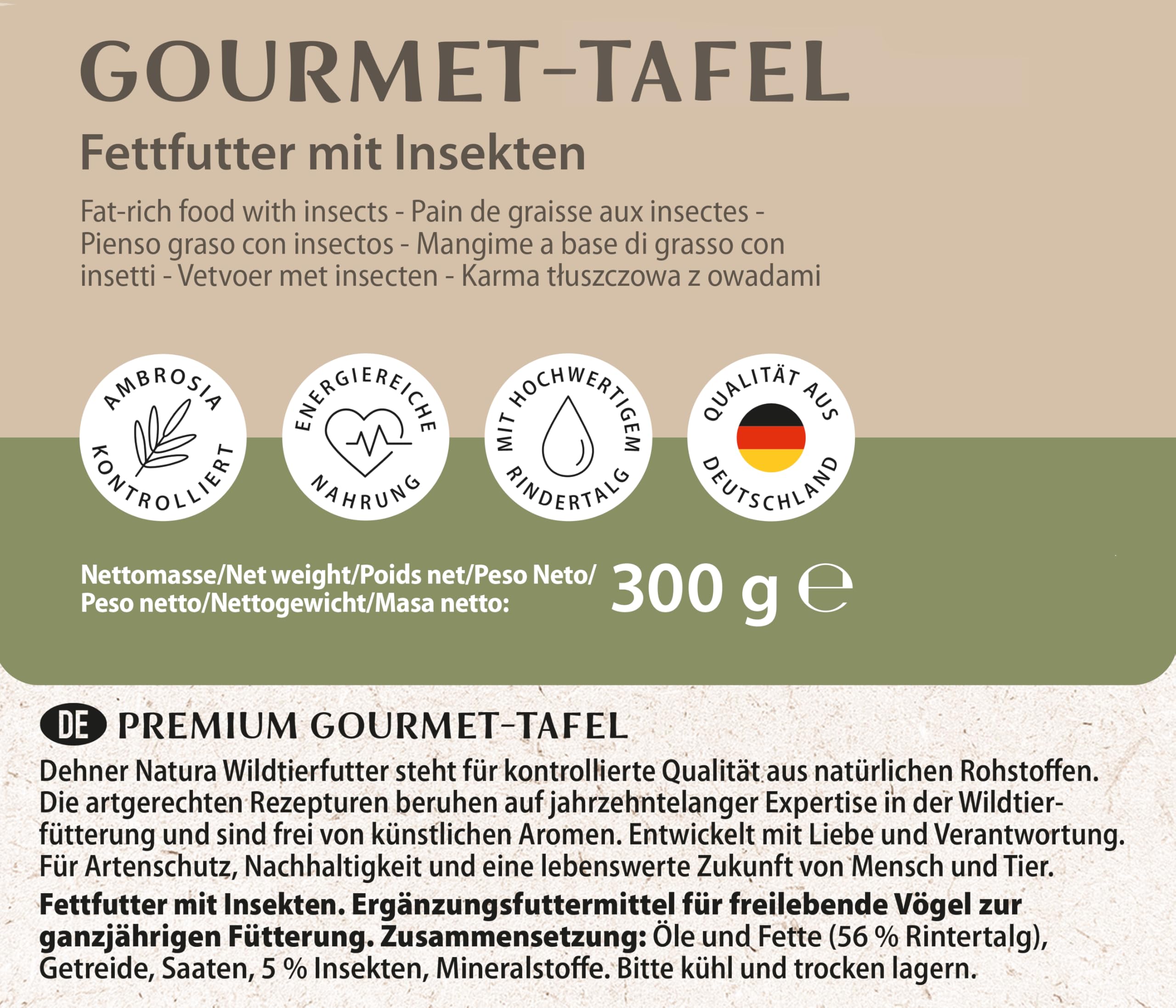 Dehner Natura Wildvogelfutter-Tafeln | Vogelfutter, Fettfutter mit Insekten | Ergänzungsfutter für Körner- und Weichfutterfresser | Ganzjahresfutter für Rotkehlchen, Blaumeise, Zaunkönig | 12 x 300 g