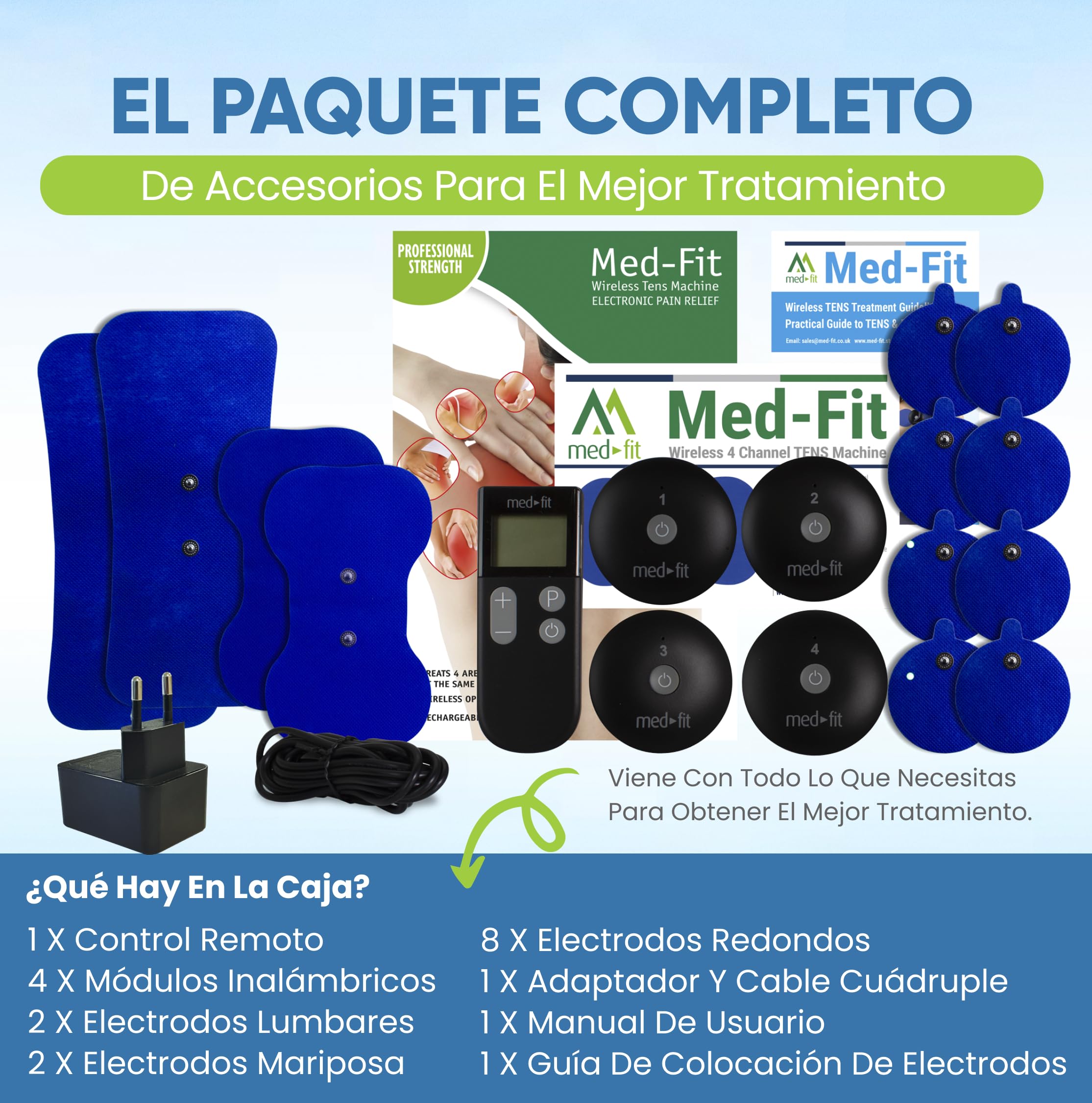 MED-FIT Máquina TENS inalámbrica de 4 canales para alivio del dolor, relajación muscular y manejo del dolor - Trata hasta 4 áreas simultáneamente para tratamiento de cuerpo completo - Fuerza