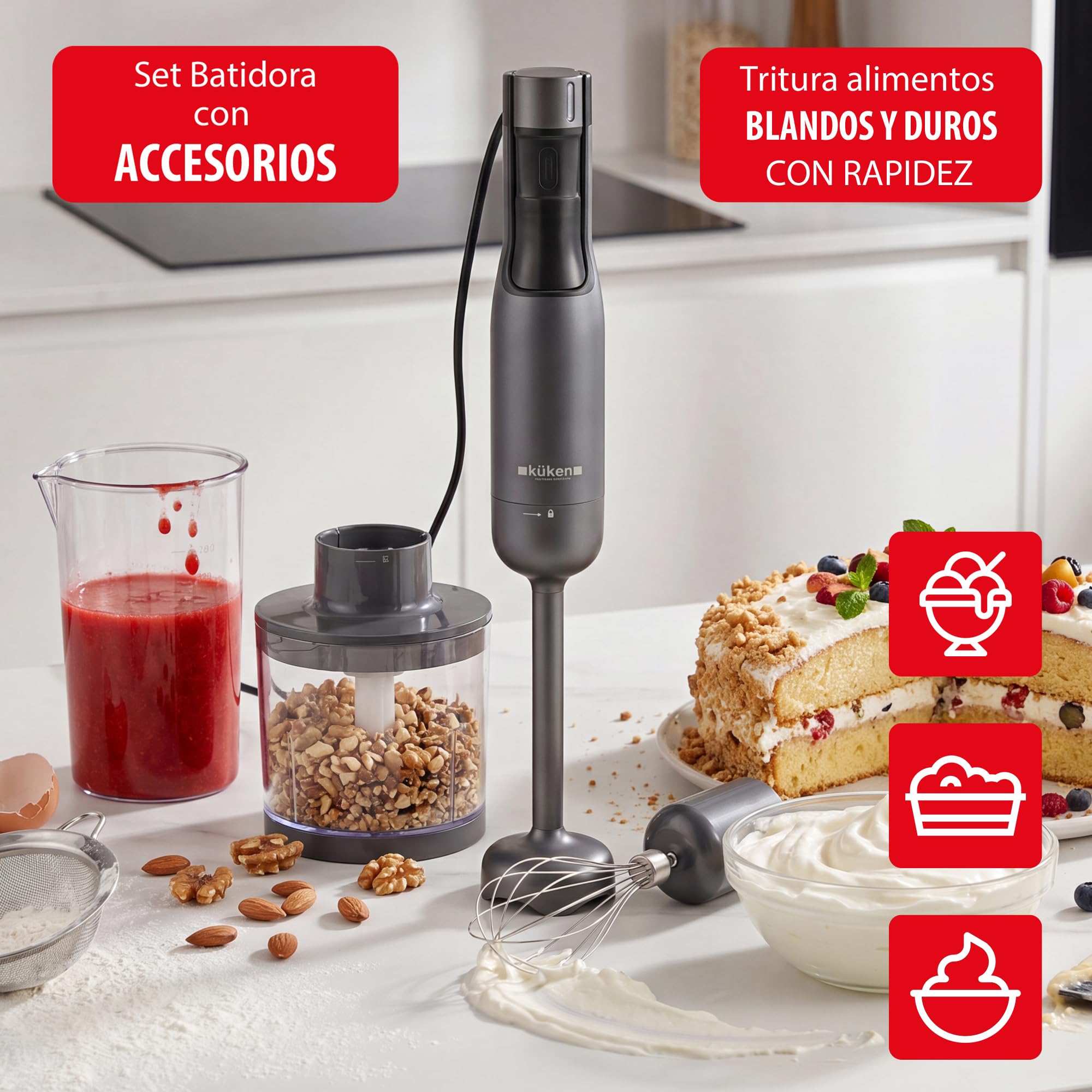 KUKEN Batidora De Mano 1000W Con Accesorios, Minipimer Profesional Con 9 Velocidades, Batidora Brazo Inox Con Pantalla LCD, Picadora, Varillas Y Vaso Graduado
