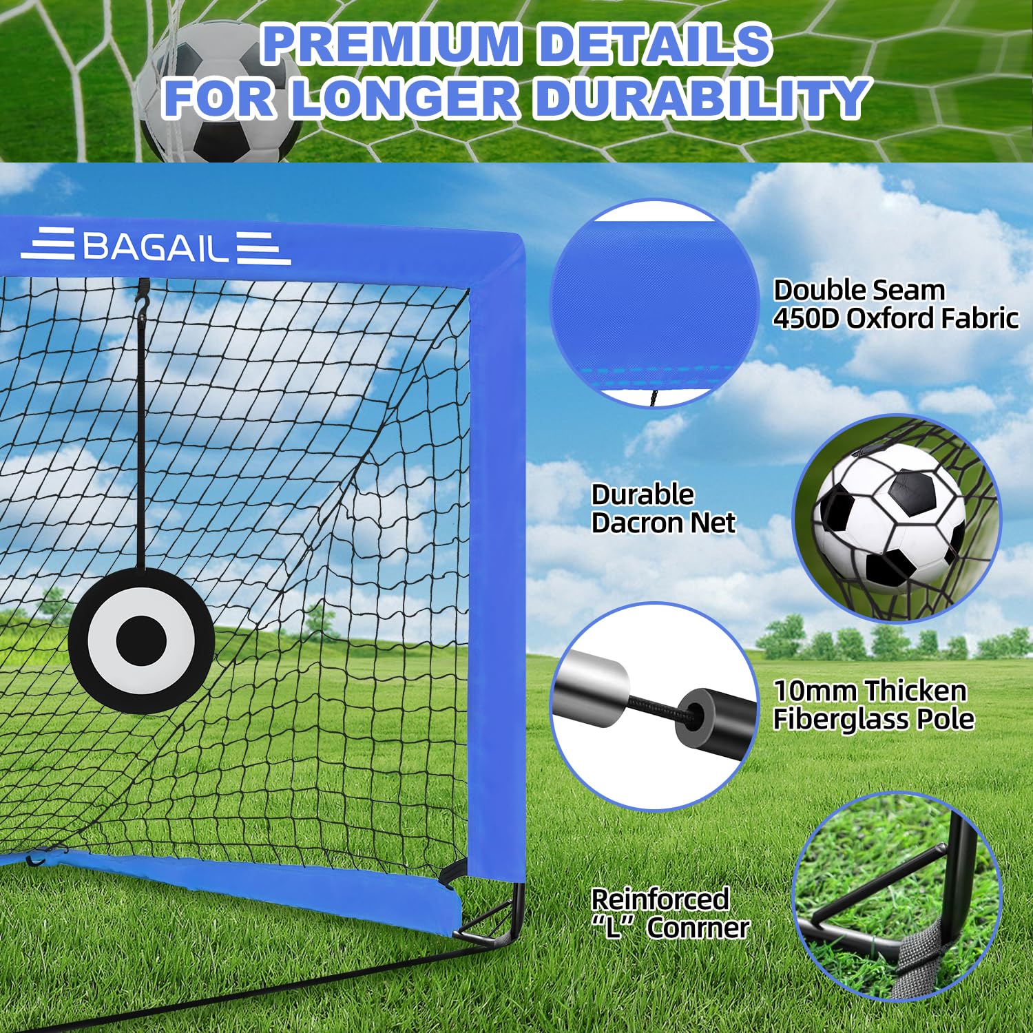 Bagail Football Goal, Pop up rete da calcio con obiettivo obiettivo, picchetti di terra e borsa portatile da trasporto, facile da montare, ideale per l'allenamento del giardino e partite ricreative