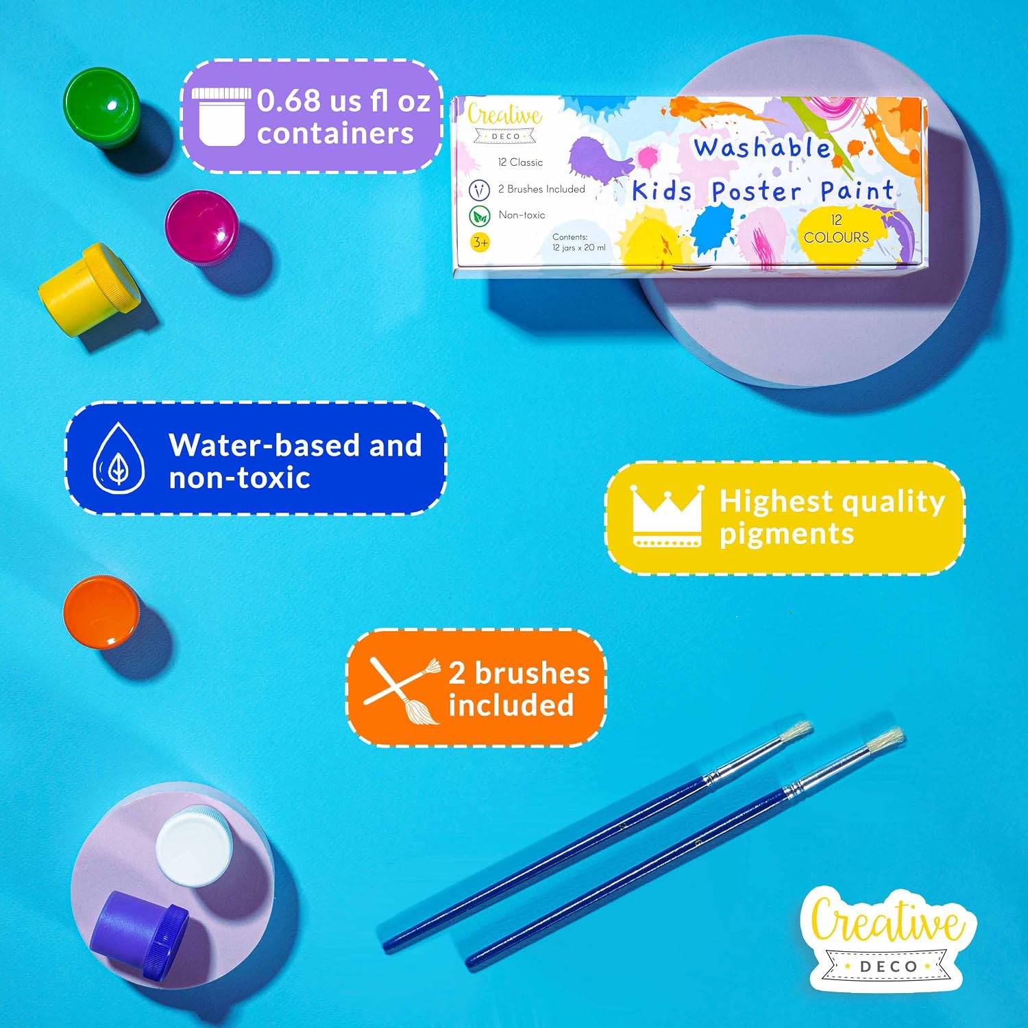 Creative Deco Washable Kids Poster Paint Set | 0.68 oz / 20 ml x 12 Pots + 2 Brushes | Children Toddlers Safe & Non-Toxic Tempera Finger Paints | Quick Drying & Matte Finish