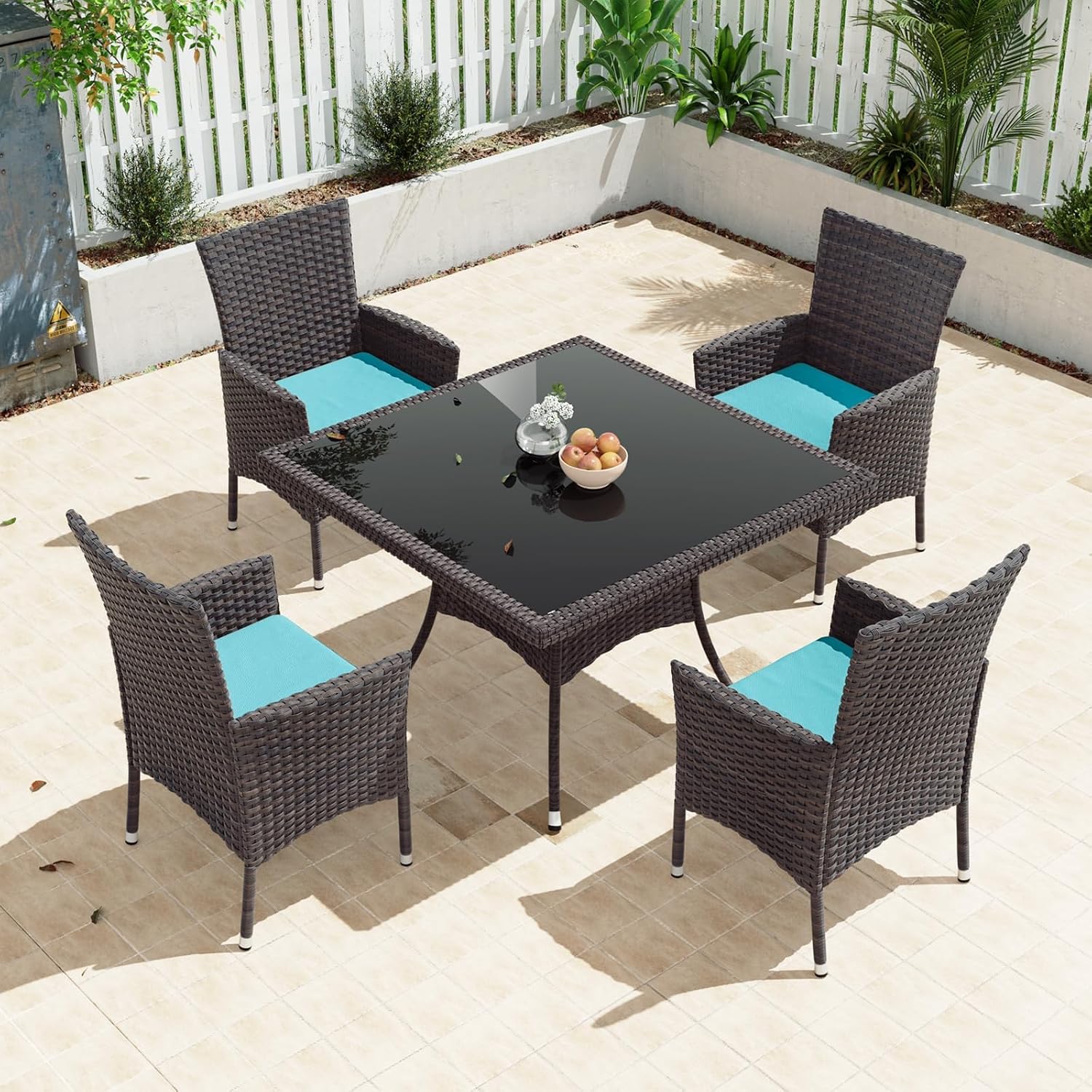 Gotland 5 Piece Outdoor Dining Set, All-Weather Rattan Patio Furniture Set with Umbrella Hole Tempered Glass Square Table, Outdoor Table and Chairs with Removable Cushions for Backyard, Deck, Blue