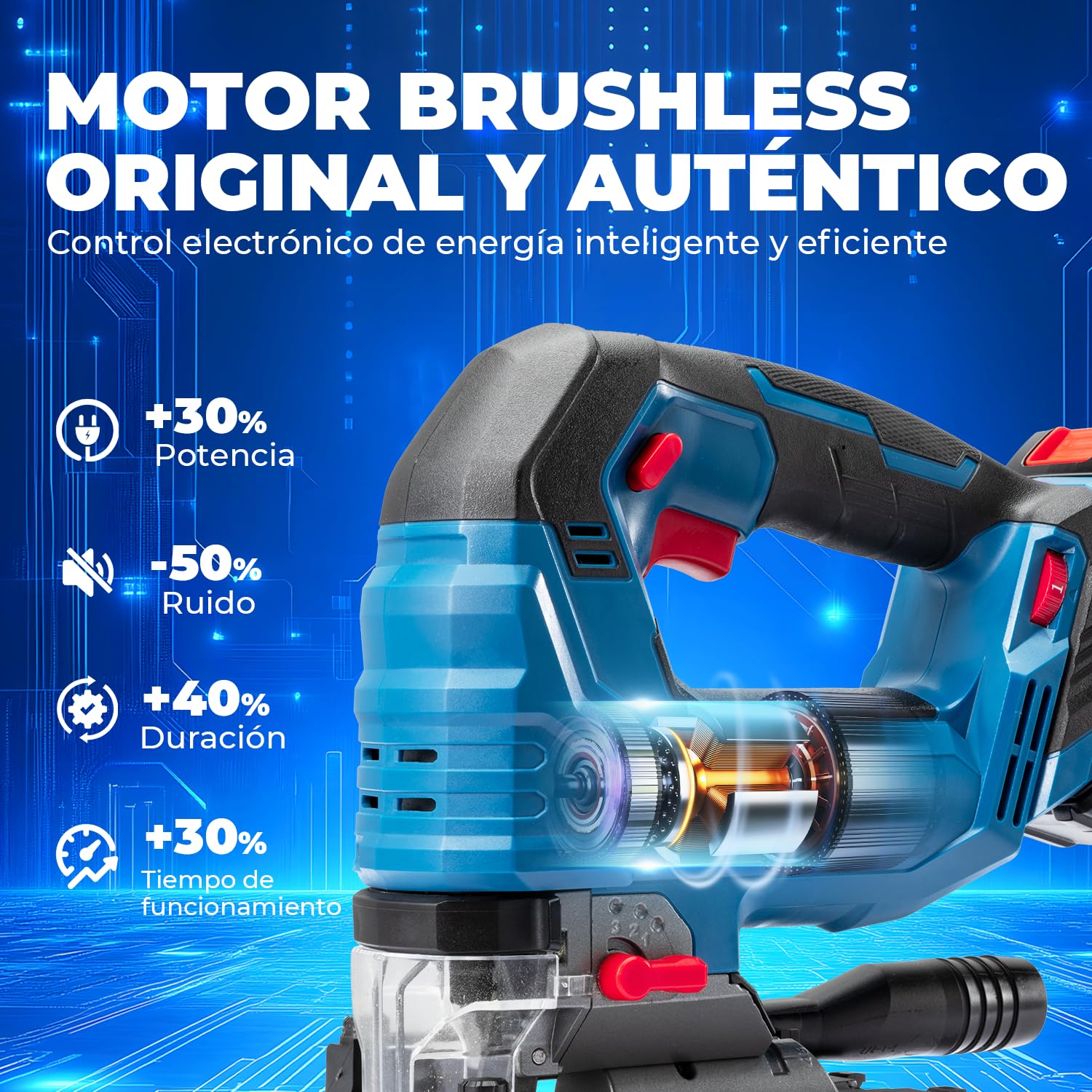 Dong Cheng Sierra de Calar 18V Sin Escobillas | Orbital 800-3500 c.p.m. | Inglete 0-45° | 6 Velocidades | Con Doble LED, Soplador, Batería 4Ah, Cargador, 6 Hojas & Maletín