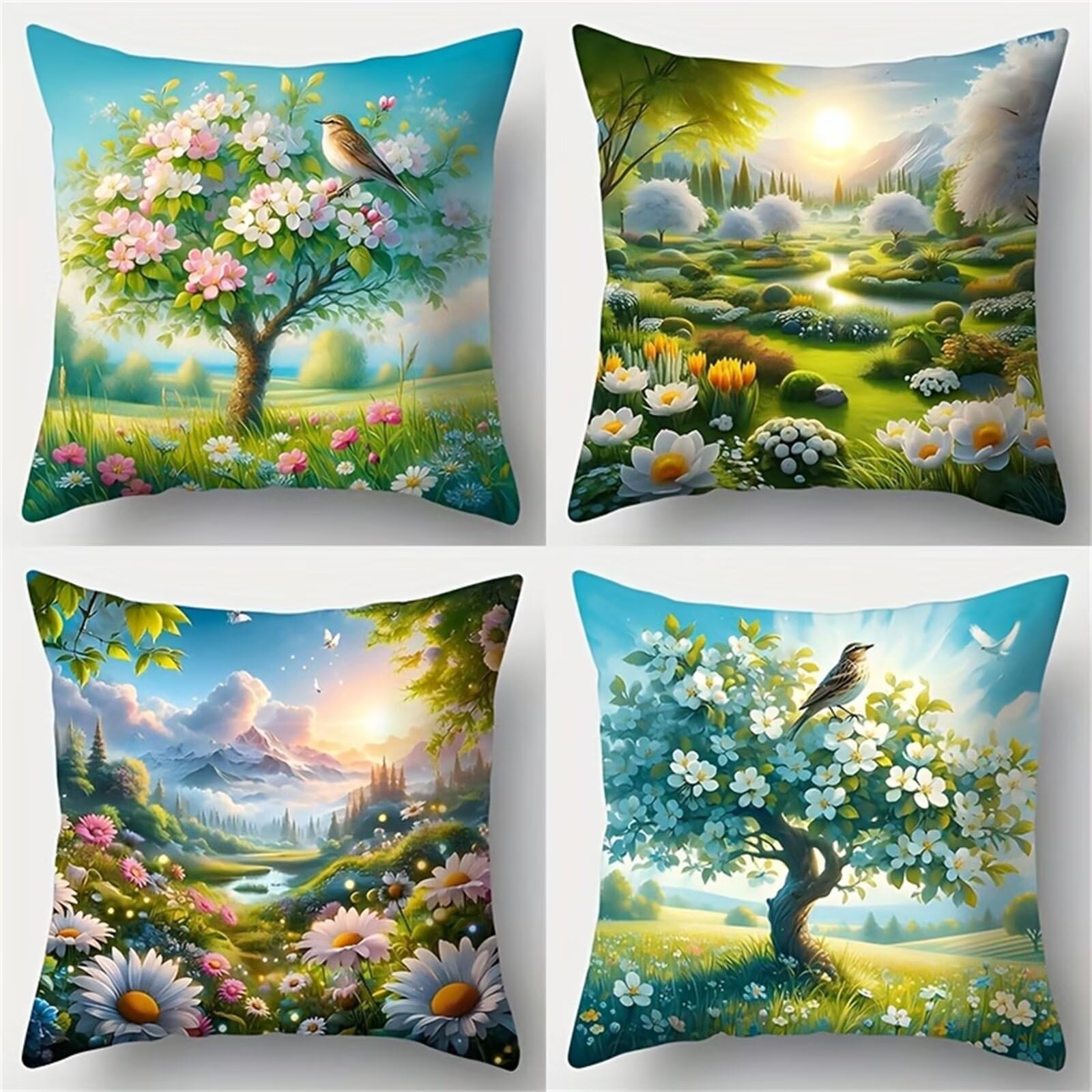 Fundas de Cojines 70x70 cm, Juego de 4 Fundas para Cojines Decorativas de Lino, Flores Árbol Pájaros, Fundas de Almohada para Sofá, Silla y Decoración de Interiores