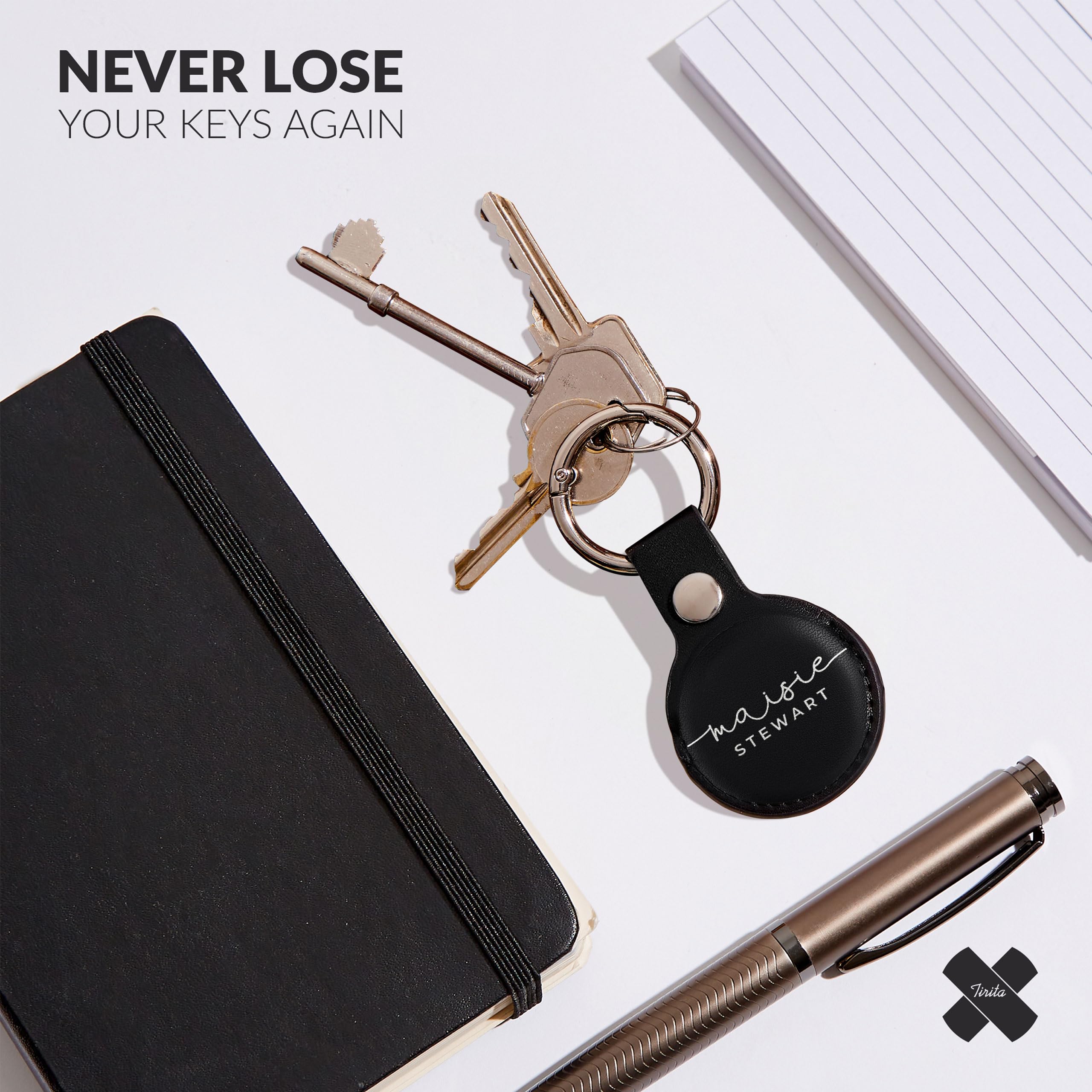 Tirita Personalised Case Keyring Holder Compatible with Apple AirTag 1 & 2 - Leather Case with Key Ring for Apple Air Tag [01- Name Handwritten on Black] — view 2