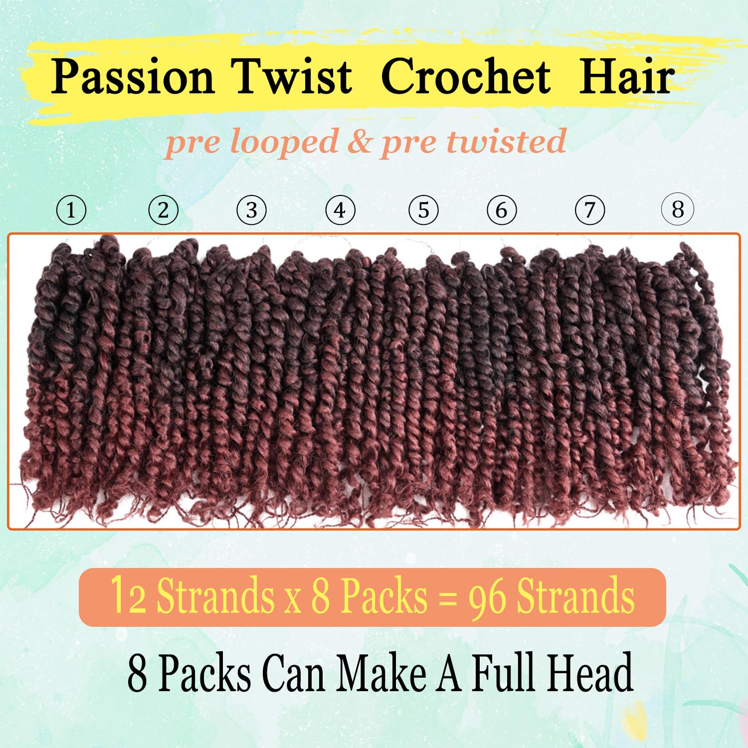 8 Inch Passion Twist Crochet Hair for Black Women 8 Packs Pre-twisted Passion Twists Hair Pre looped Crochet Braids Bohemian Twist Synthetic Braiding Hair Extensions(12Strands/Pack,T350#)