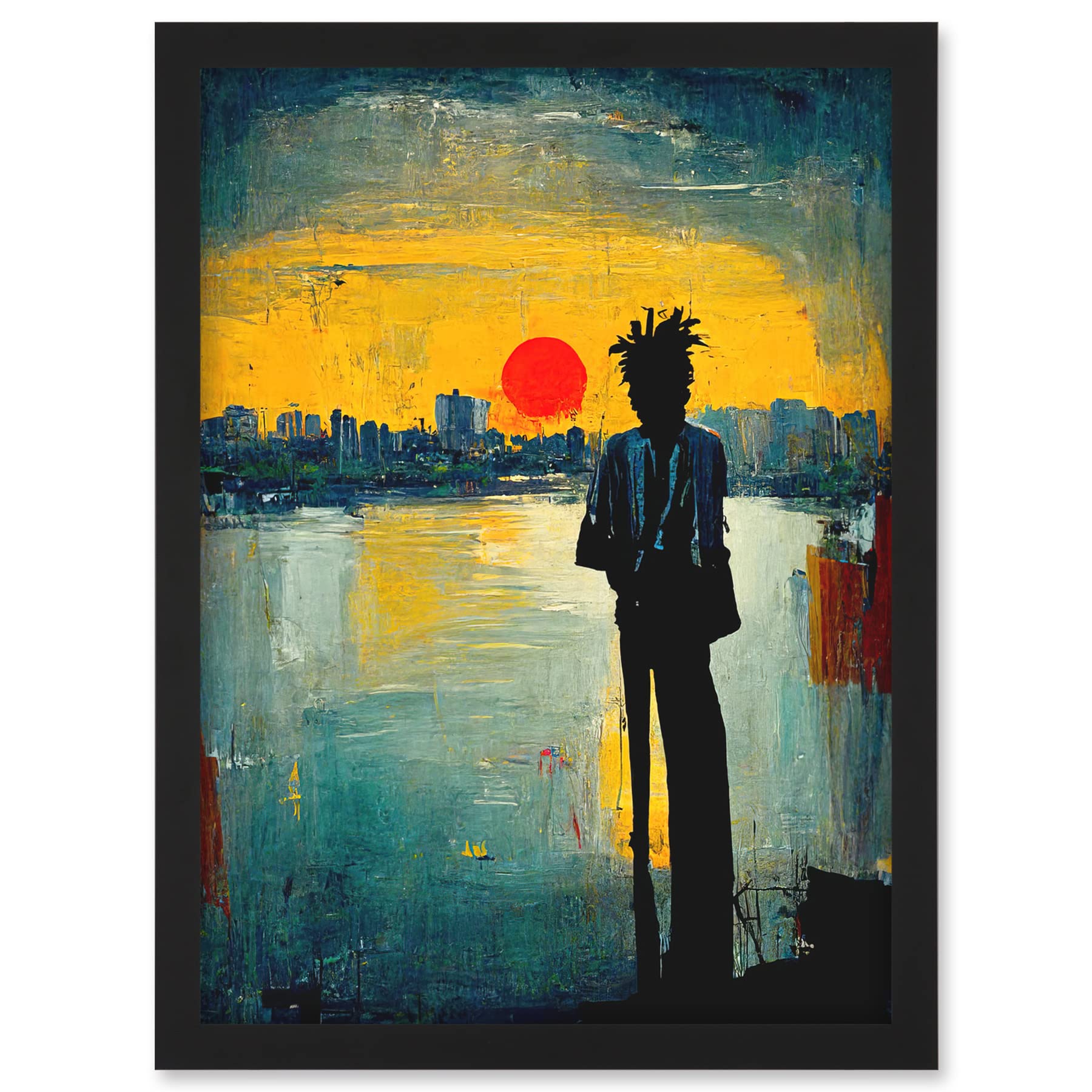 Doppelganger33 LTD Dramatic Sunset Silhouette City Skyline Lake Oil Painting Artwork Framed A3 Wall Art Print