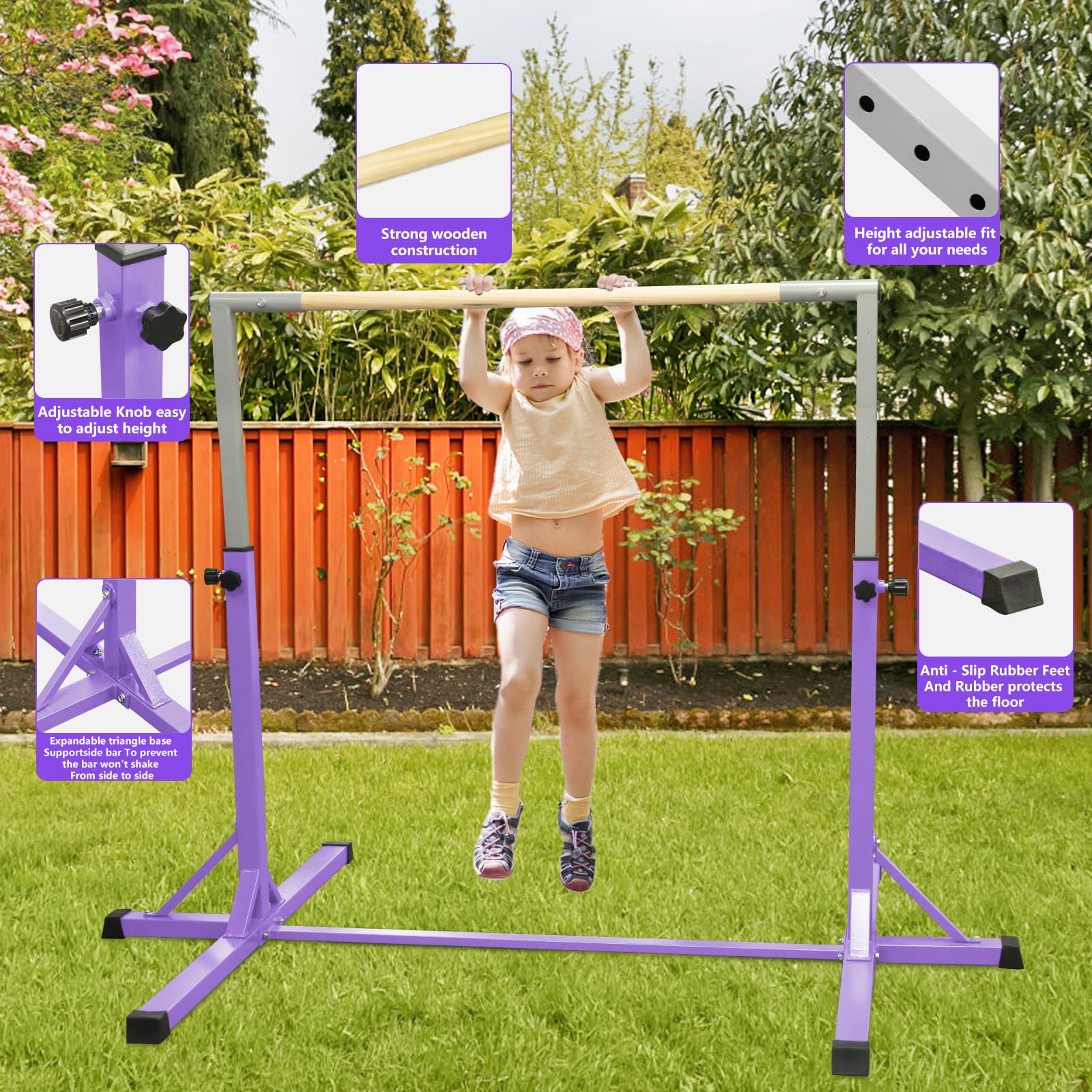 FBSPORT Barra de Gimnasia para Niños Barra Horizontal de Gimnasia con 13 Altura Ajustable de Barra de Entrenamiento con Anillos de Gimnasia Barra de Entrenamiento de Gimnasia expandible Junior Morado