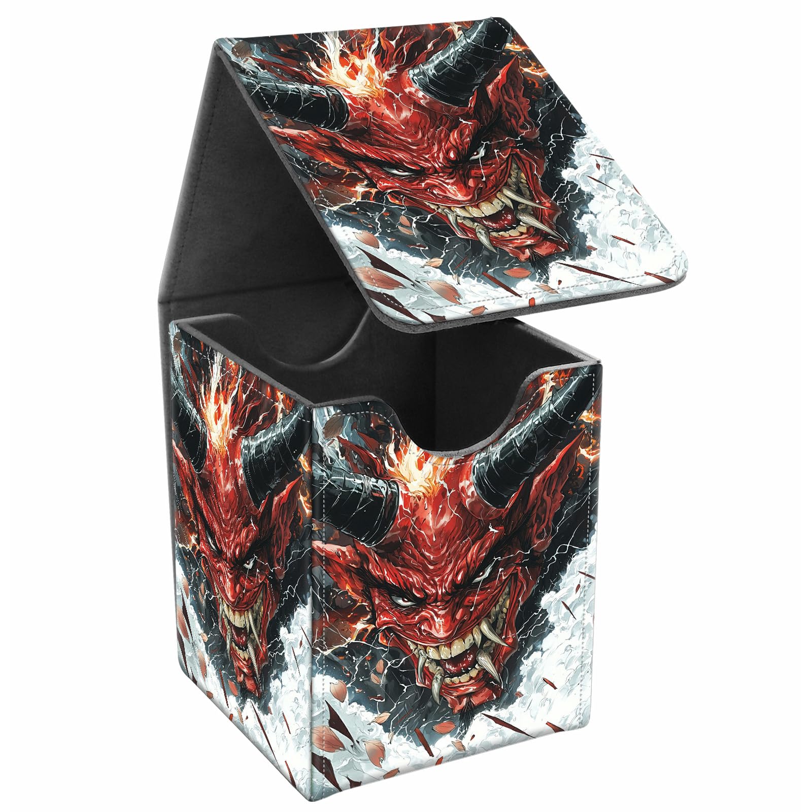 JANENFNA Card Deck Box, Card Storage Box Fits 100+ Single Sleeved Cards, Large Capacity PU Leather Card Storage Box with Strong Magnet for Magic Commander TCG/CCG, Fierce Red Demon