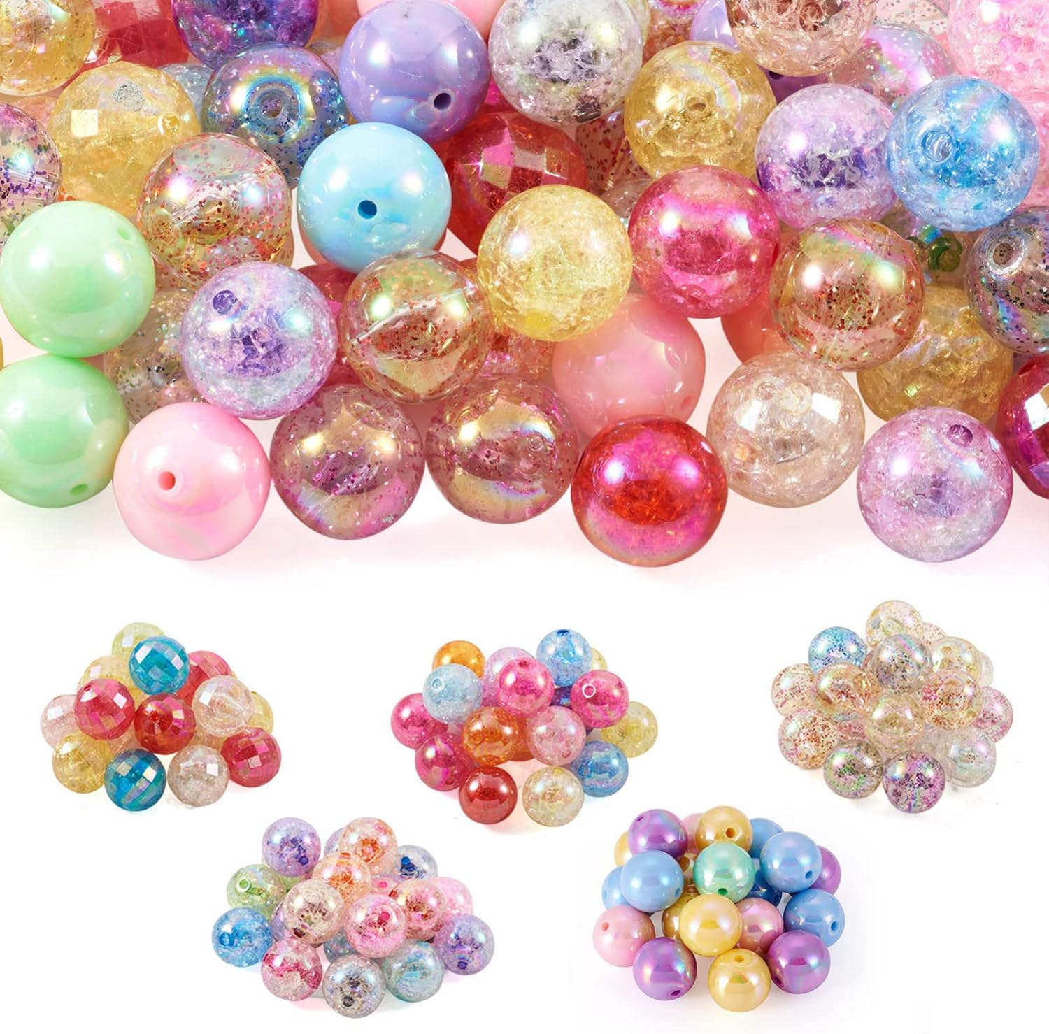 Craftdady 100Pcs 20mm AB Color Acrylic Bubblegum Beads 5 Styles Crackle Beads Faceted Beads Round Gumball Focal Beads Loose Spacer Beads for Pens Jewelry Making Party Decoration