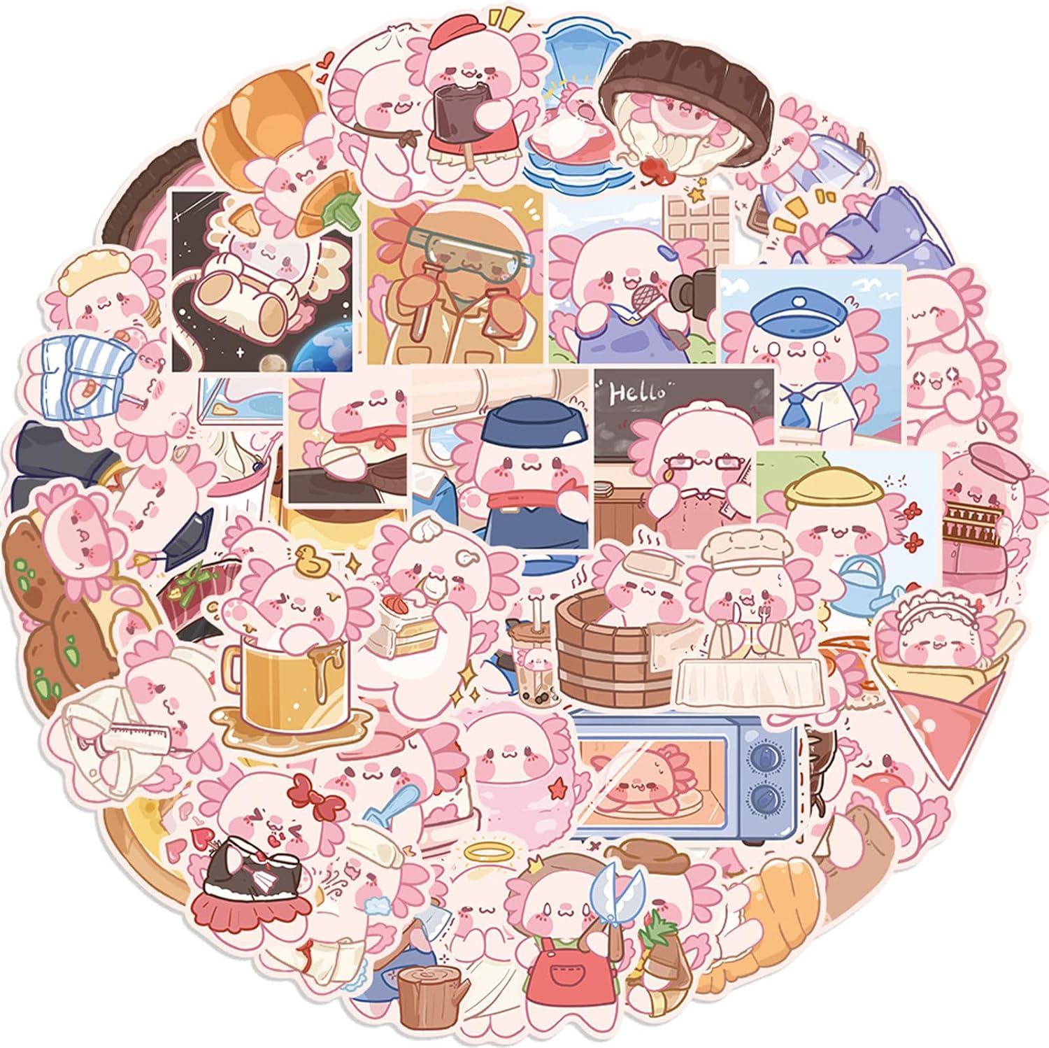 50 Pack Cute Axolotl Stickers - Cynops Vinyl Waterproof, Kids & Classroom Prizes
