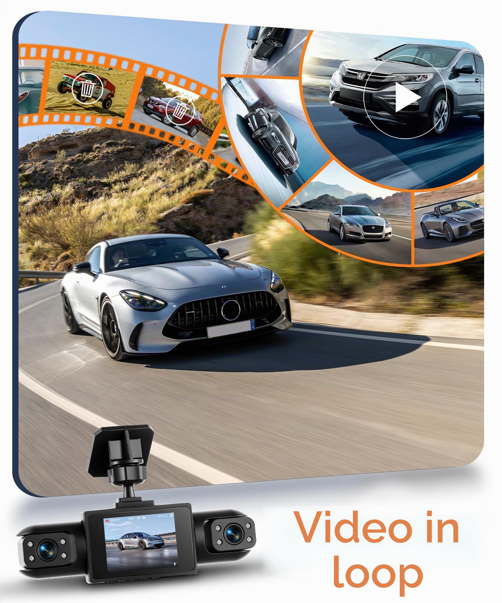 Rimoody 360° 4 Canali Dashcam Auto, 4 Telecamera HD 1080P Anteriore e Posteriore Sinistra Destra, 2 Pollici IPS Schermo Dash Cam con Visione Notturna 8 IR/Loop Video/24H Parcheggio Monitor