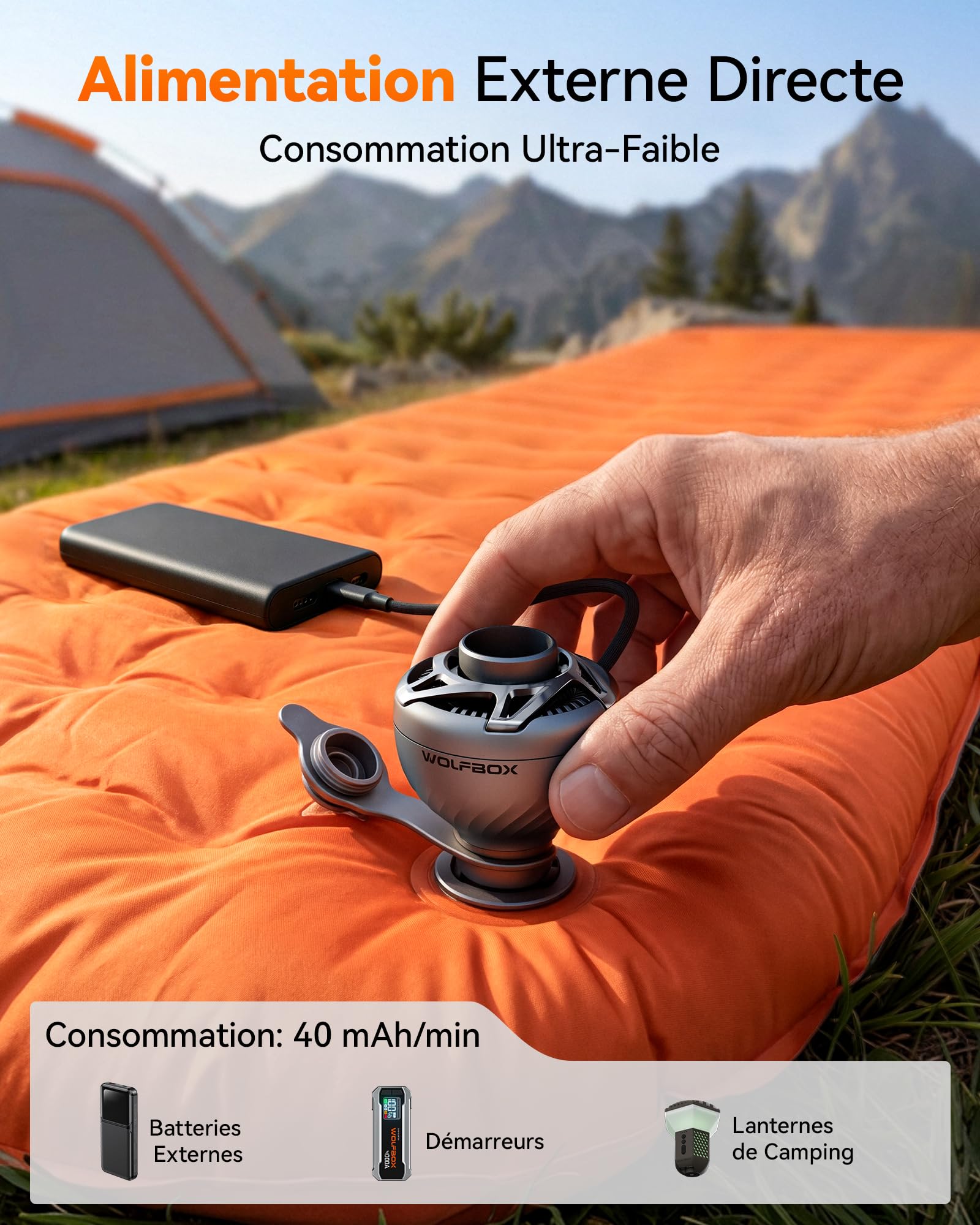WOLFBOX Mini pompe à air électrique USB sans batterie | MFmini 4,5 KPA Haute Pression 32 g Boîtier en Acier 5 Buses 2 en 1 Gonflage et Aspirateur Camping Piscine Sac sous Vide
