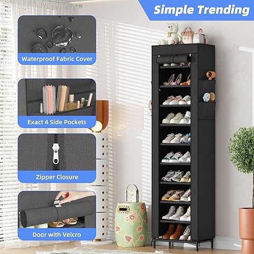 Miniatura 4 de Simple Trending Zapatero estrecho con tapa, organizador de zapatos de 10 niveles, armario alto y independiente con capacidad para 20 pares para