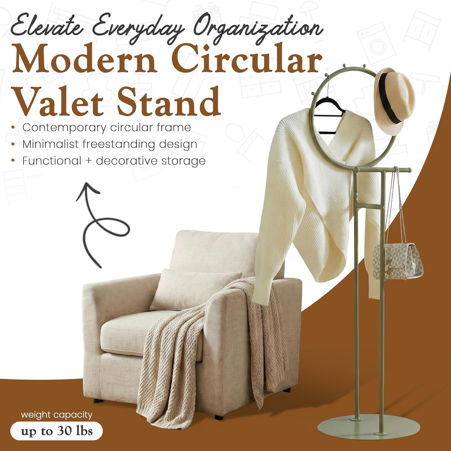 Kings Brand Furniture Cheska Suit Valet Stand with Circular Frame - Tie Jacket Clothes Hooks, Freestanding Clothing Organizer, Lemon Pepper