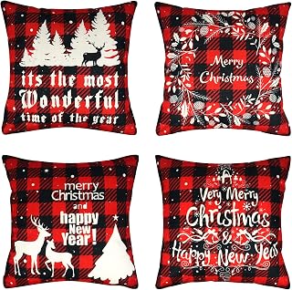 QETRABONE 4 Pack Christmas Cushion Covers, Christmas Decorations Throw Pillow Covers for Sofa Xmas Room Decorations 18'' x 18'' Cotton Linen Decorative Christmas Square Pillowcase Room Decorations