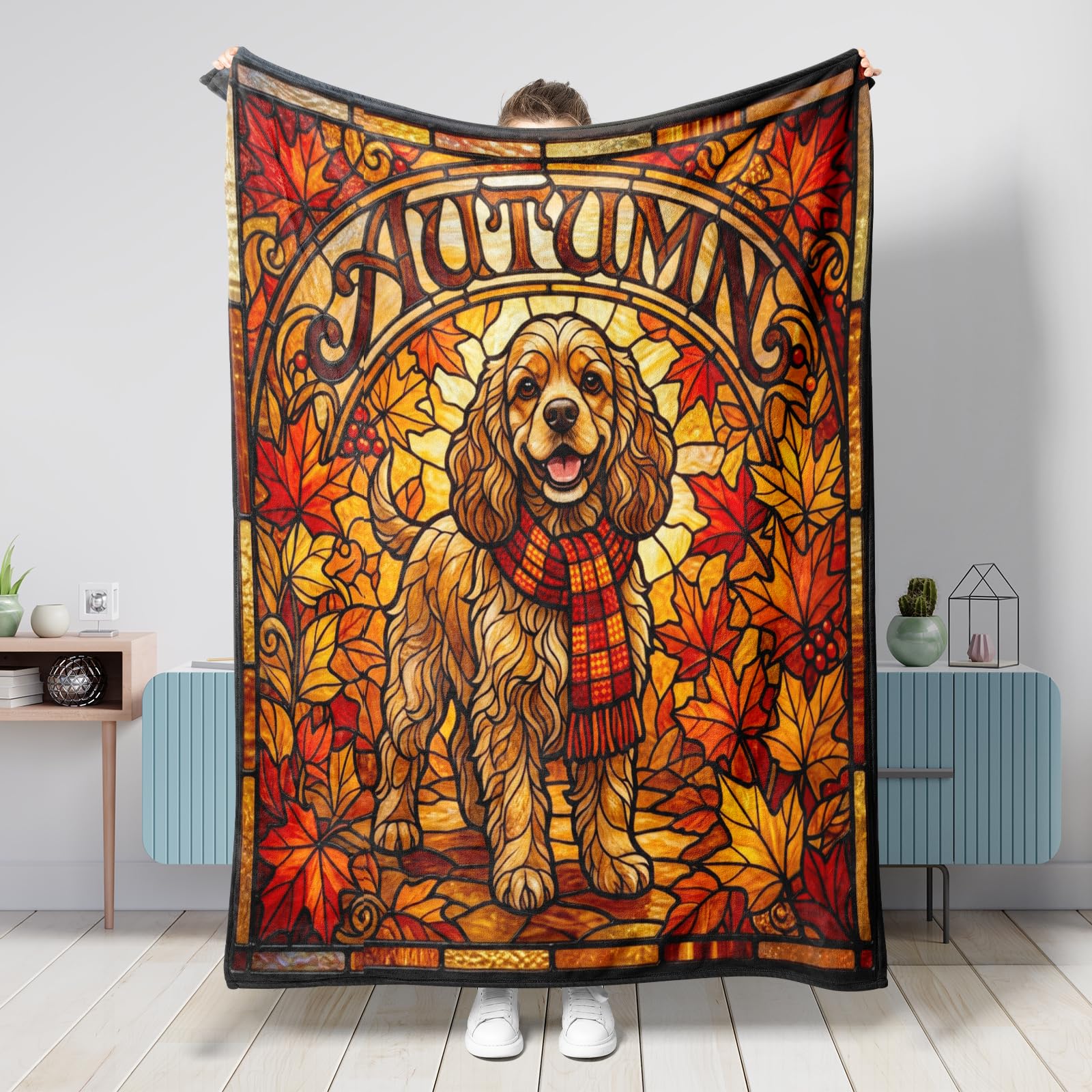 Couverture chaude et moelleuse en flanelle grand format motif cocker pour l'automne