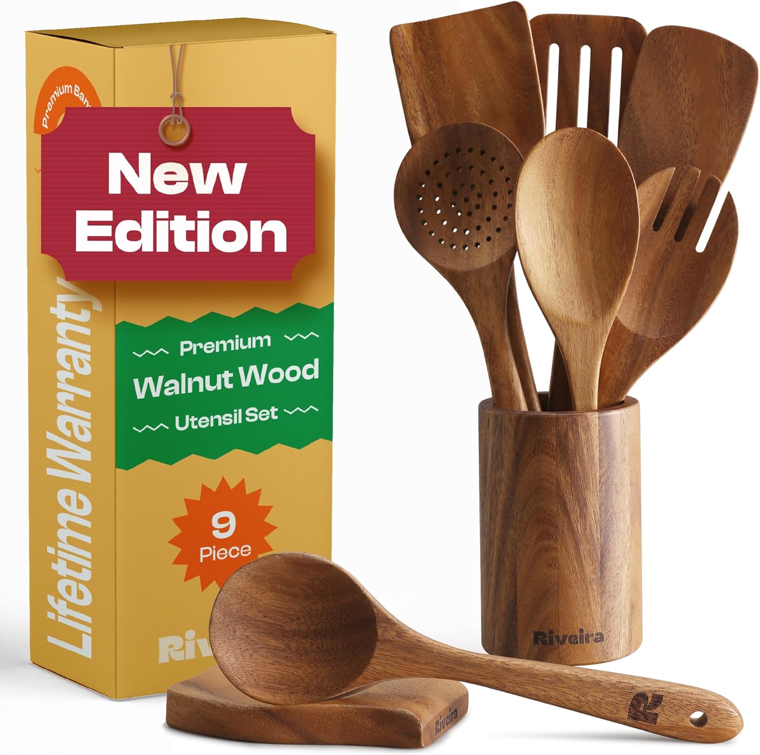 Riveira Walnut Wooden Spoons for Cooking Set of 9  Natural Walnut Wooden Cooking Utensils, Wooden Spatula, Wooden Spoon - Premium Quality Wooden Utensil Set for Non-Toxic Cooking