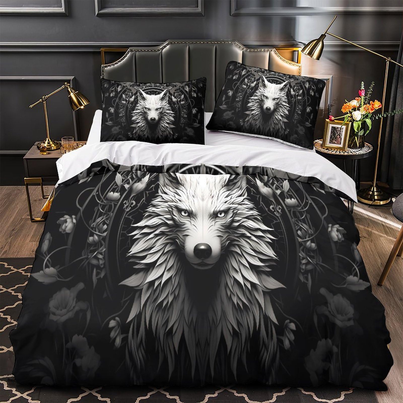 Housse de couette loup 140x200 parure de lit microfbre ado noir et blanc