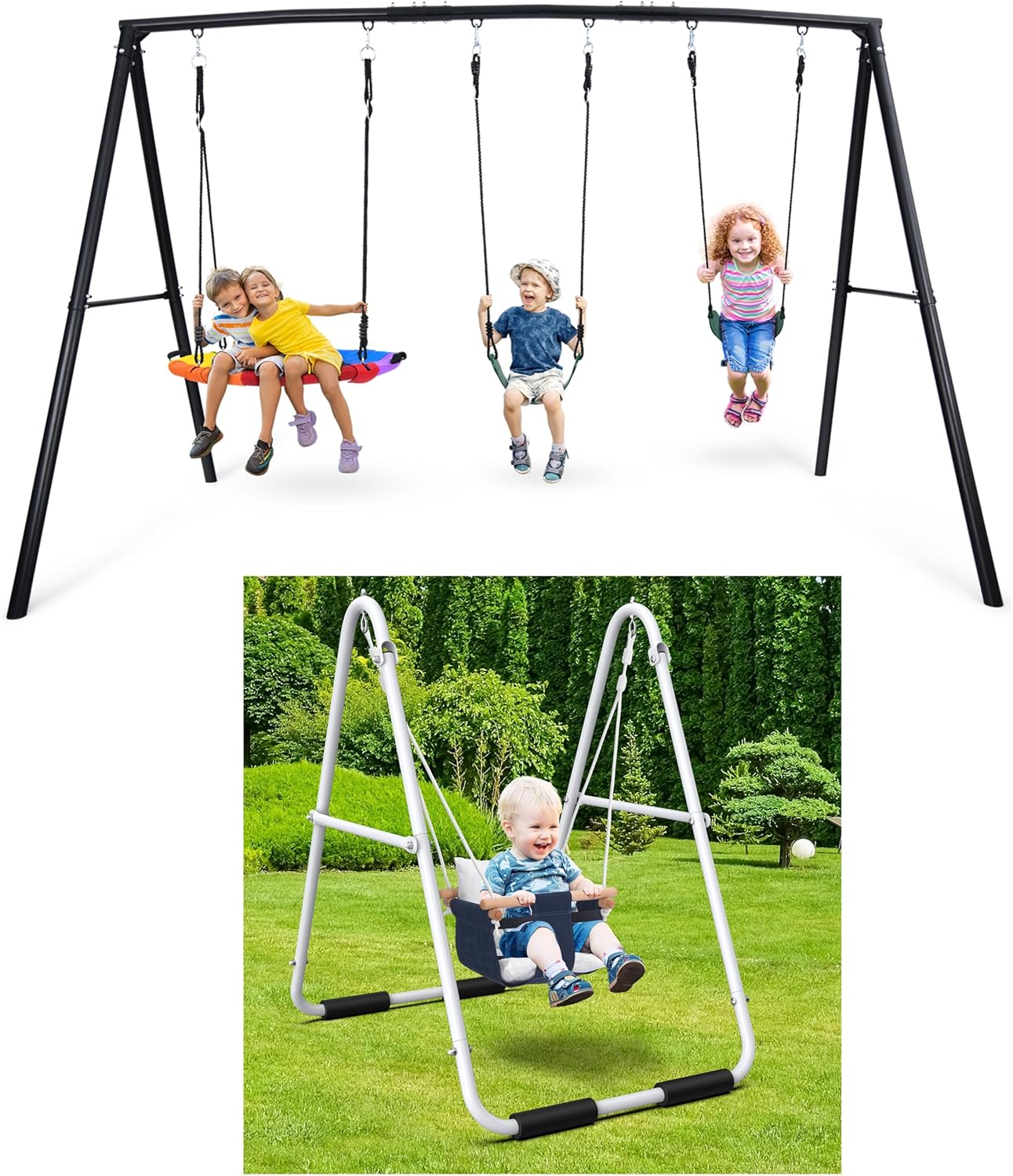 Hapfan Foldable Toddler Swing Set and 500lbs Swing Sets for Backyard, Heavy Duty Metal Stand