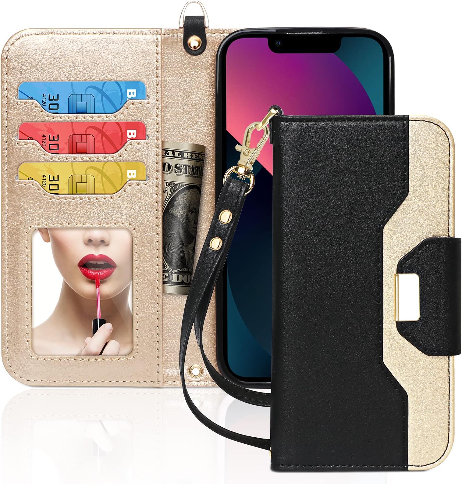 Toplive Wallet Case for iPhone 13 Case,[Makeup Mirror] PU Leather Wallet Case with Card Holder Kickstand Wrist Strap Flip Cover for iPhone 13 6.1 Inch 2021,Black