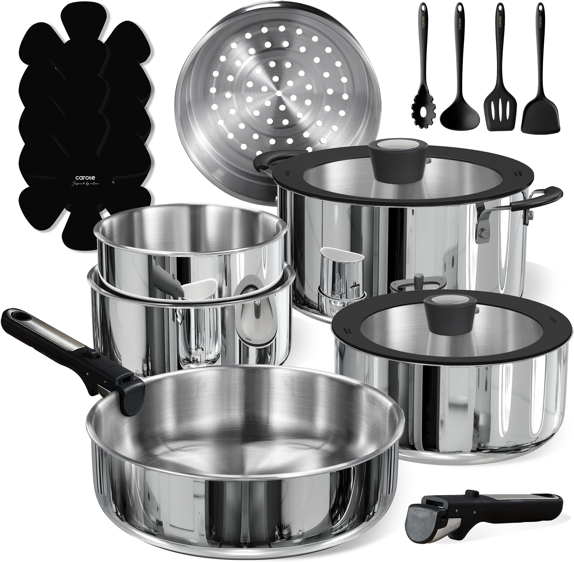 18pcs Stainless Steel Cookware Set with Detachable Handle, Nonstick Pots and Pans Set, Induction Kitchen Cookware Sets with Removable Handle, RV Cookware Set, Oven Safe, Camping Cookware, Black