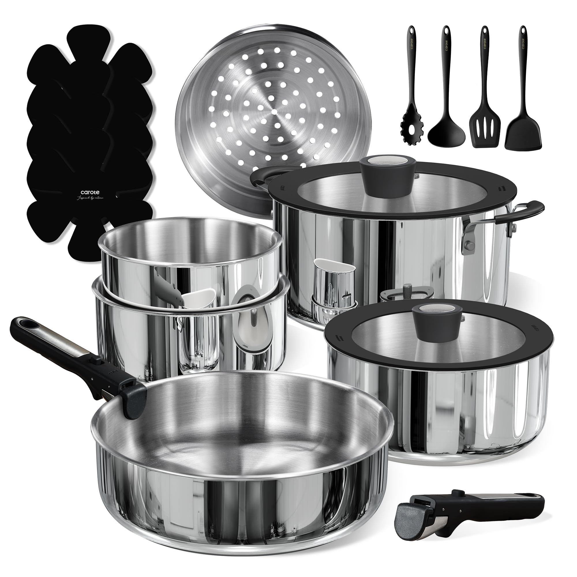 CAROTE 14pcs Stainless Steel Cookware Set with Detachable Handle, Nonstick Pots and Pans Set, Induction Kitchen Cookware Sets with Removable Handle, RV Cookware Set, Oven Safe, Camping Cookware, Black