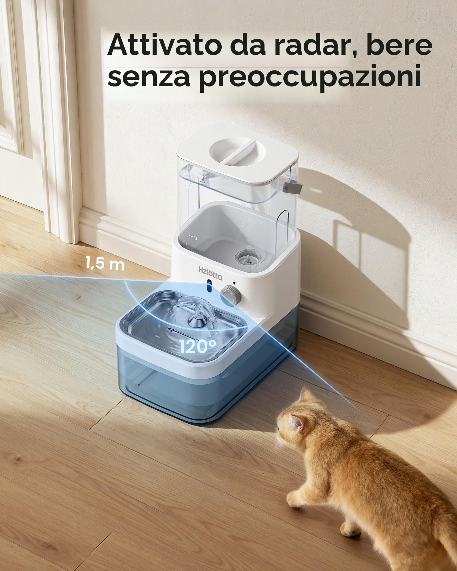 Fontanella per Gatti Senza Filtro Hziotta, 4000mAh 25+ Giorni, 3L Fresca & 2.7L di Scarico Separati, Ultra Silenziosa con Sensore Radar per Gatti e Cani
