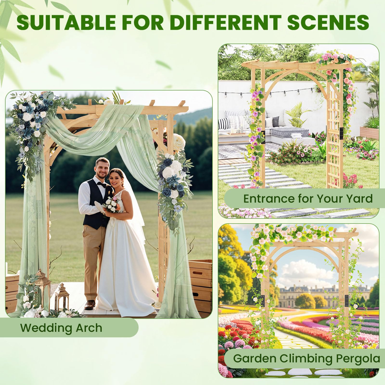 FANTASK Gartenbogen Holz, 160 x 60 x 213 cm, Rosenbogen mit Dach für Kletterpflanzen & hängende Körbe, Rankbogen Tannenholz, Rankgitter für Garten, Hochzeit, Party (Natur)