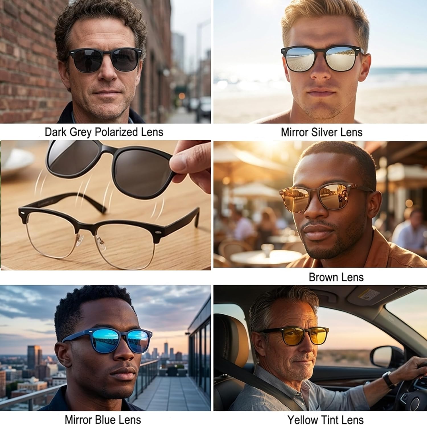 5 Pcs Magnetic Clip On Sunglasses Retro Half-Frame Interchangeable Polarized Tinted Lenses for Men and Women Unique Gift Stick-on Trendy Fashion Magnetic Sunglasses