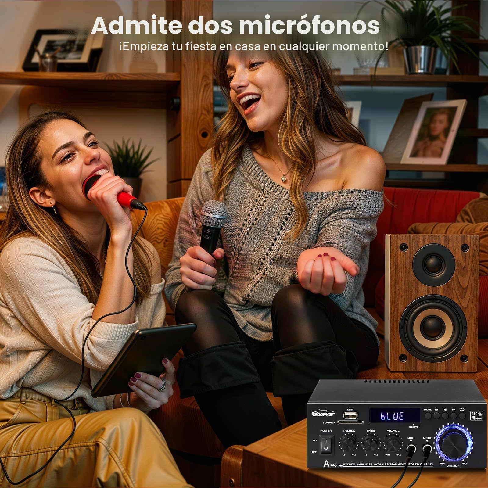 Woopker AK45 PRO Amplificador Audio, 2.0CH Bluetooth 5.0 50Wx2 Salida HiFi Amplificador de Potencia de Audio, Receptor estéreo Amplificador Audio para Cine en Casa, Coche Altavoz W/2 Mic/USB/Radio FM