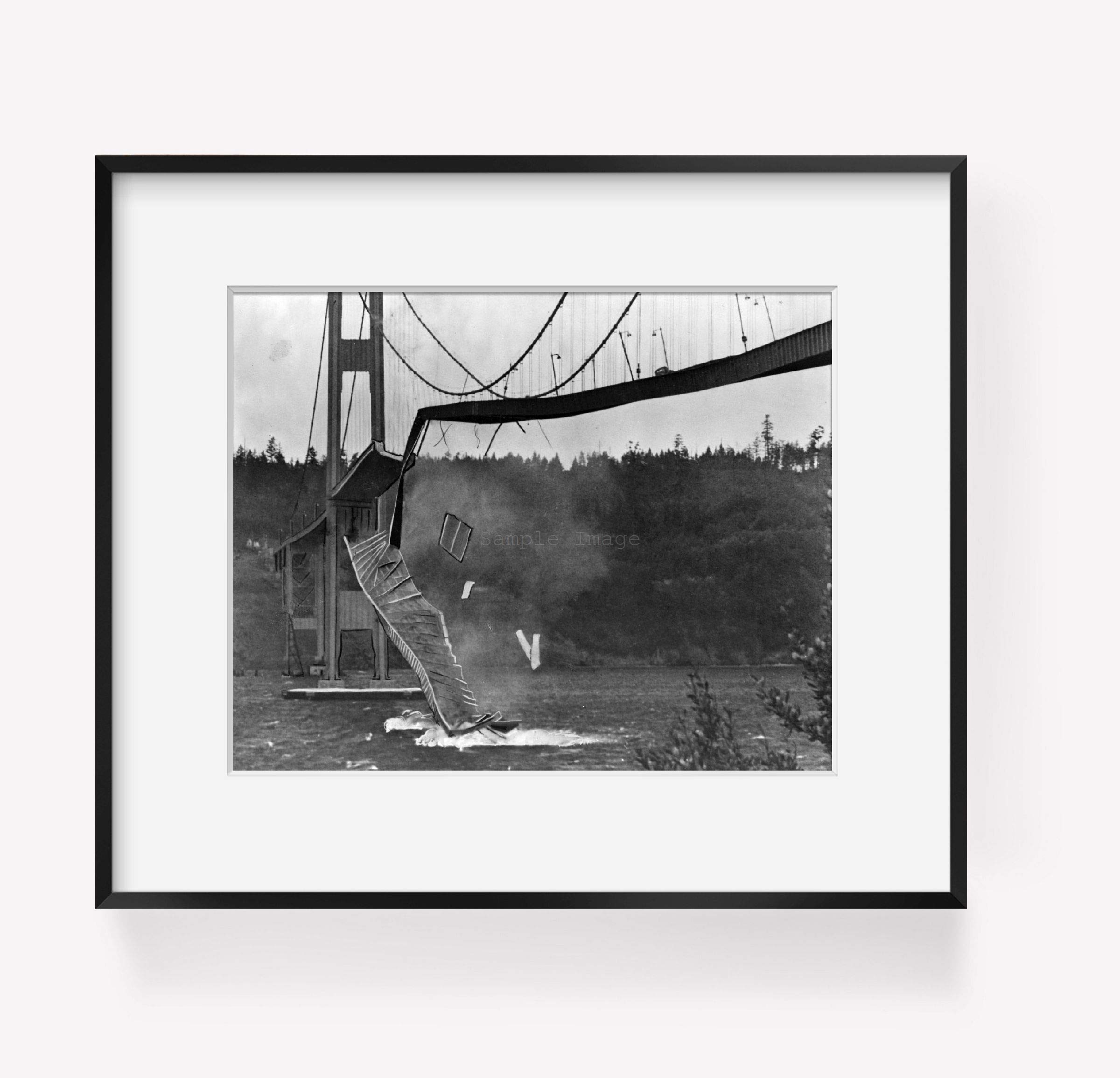INFINITE PHOTOGRAPHS 1940 Photo Washington, Tacoma. Suspension Bridge collapses into The Tacoma Narrows Location: Tacoma, Tacoma Narrows, Tacoma Narrows Bridge, Washington
