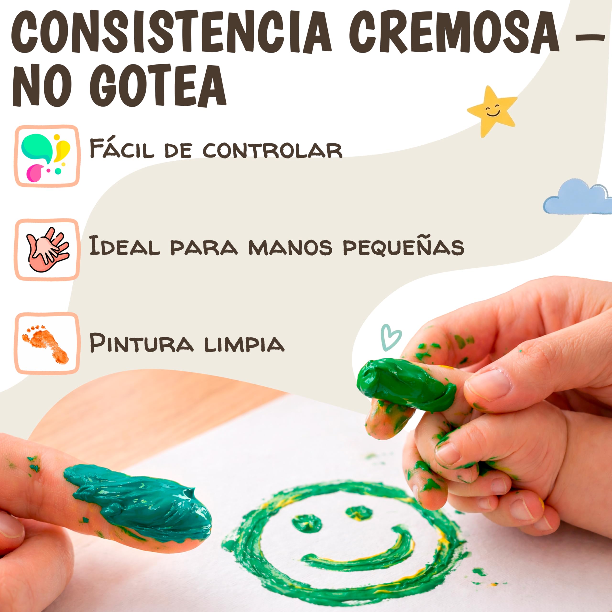 Pintura Dedos Bebe No Toxica Lavable 6x60ml – Pintura de Dedos Para Niños 1, 2, 3 años | Pintar con Manos y Pies | Pinta con Manos & Huellas Bebé Multi Superficia