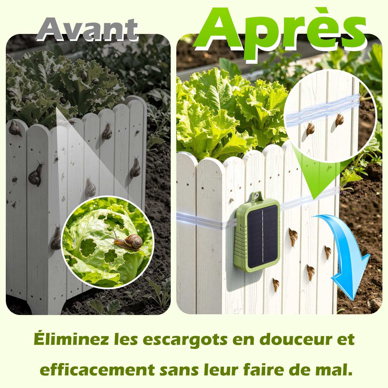Kit de Clôture Électrique Anti-Limaces, Panneau Solaire 2W et Batterie Lithium Intégrée 2.4Ah, Appareil de Protection avec Bande de Clôture 12m et Accessoires Anti-Limaces, pour Jardins Protection