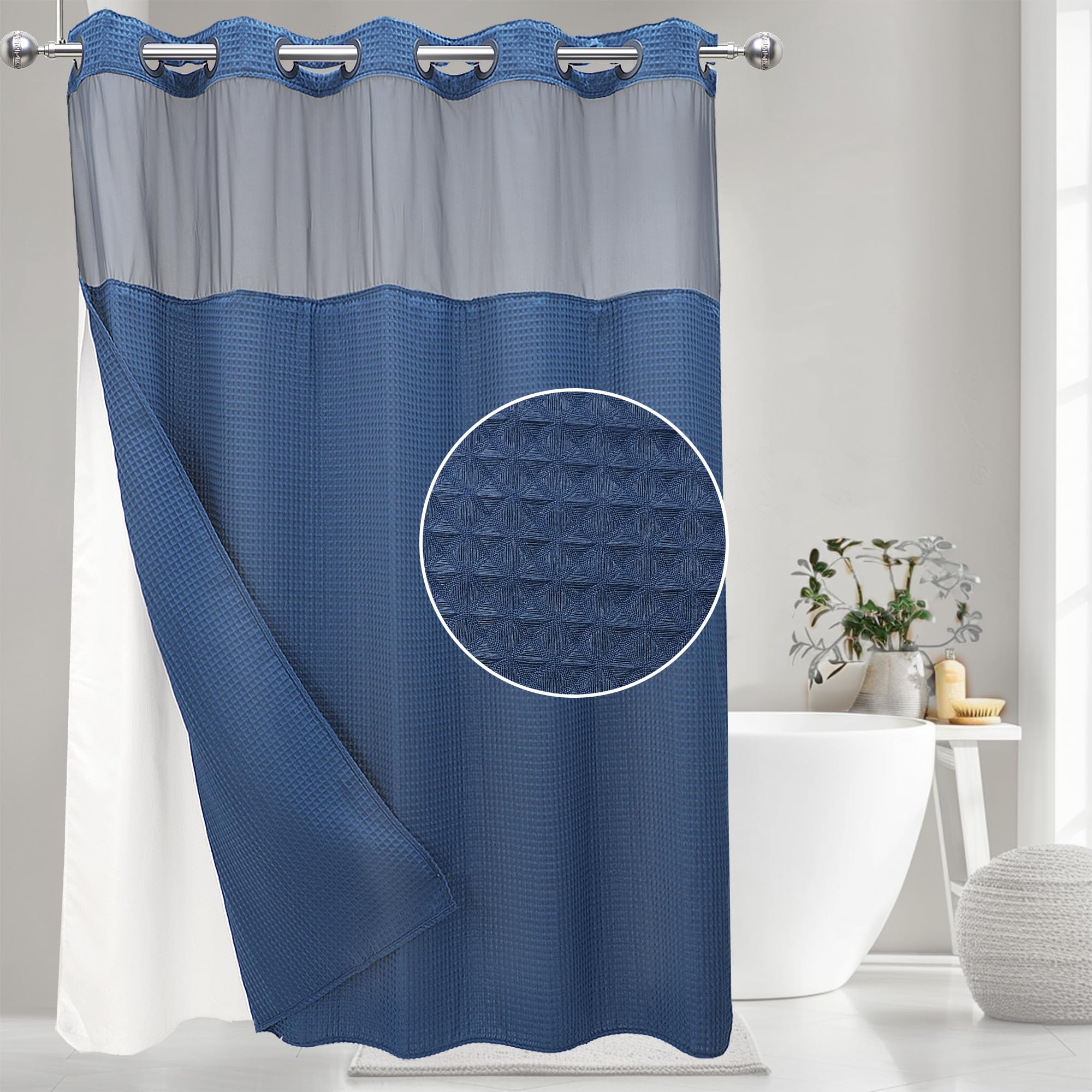 VIUOON No Hook Shower Curtain Set with Snap in Fabric Liner,250GSM Waffle Weave Navy Hotel Grade Bath Shower Curtain - See Through Top Window,