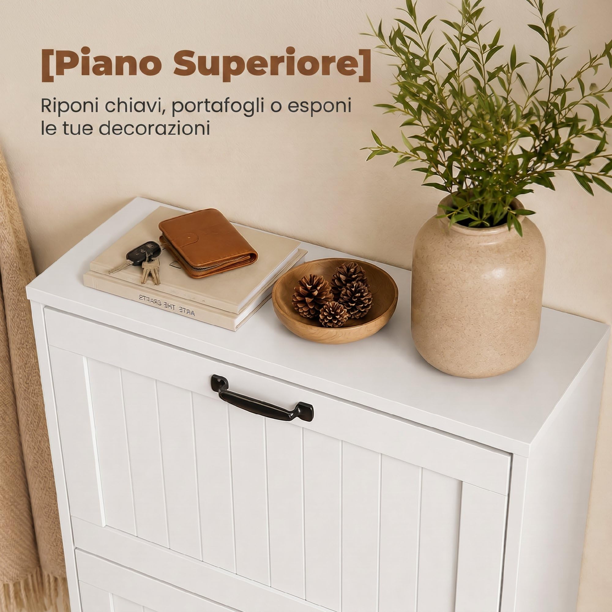 HOMCOM Scarpiera Salvaspazio Slim con 3 Ante a Ribalta 60x24x118cm Bianco | Scarpiera Ingresso, Ripiani Regolabili, Gambe in Bambù, Maniglia, Porta Scarpe per 15-18 Paia, per Ingresso Corridoio