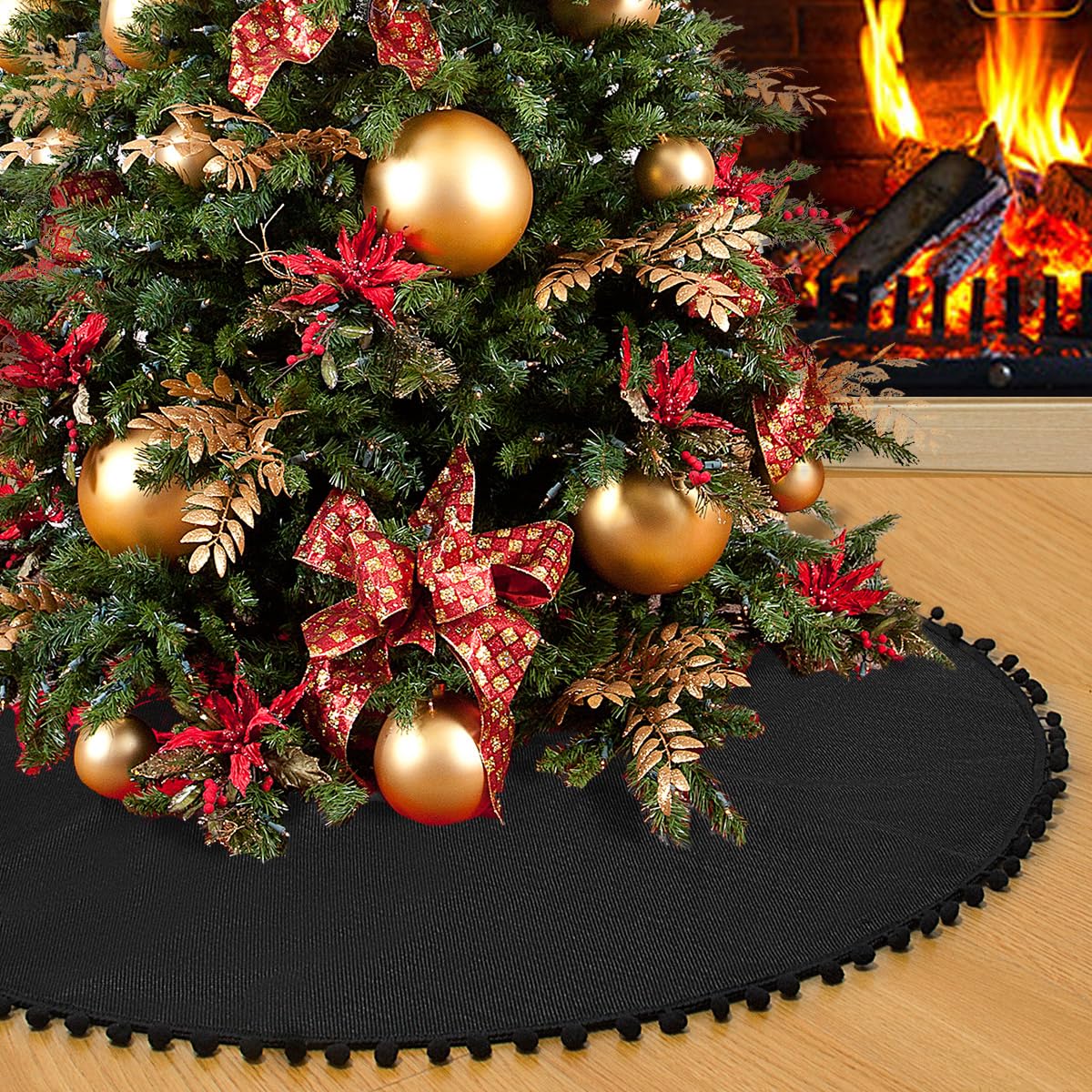 SevenFish Christmas Tree Skirt, Black Christmas Tree Skirt 30 inches Soft Double Layer Burlap Tree Skirt with Pom Pom for Rustic Christmas Halloween Decorations
