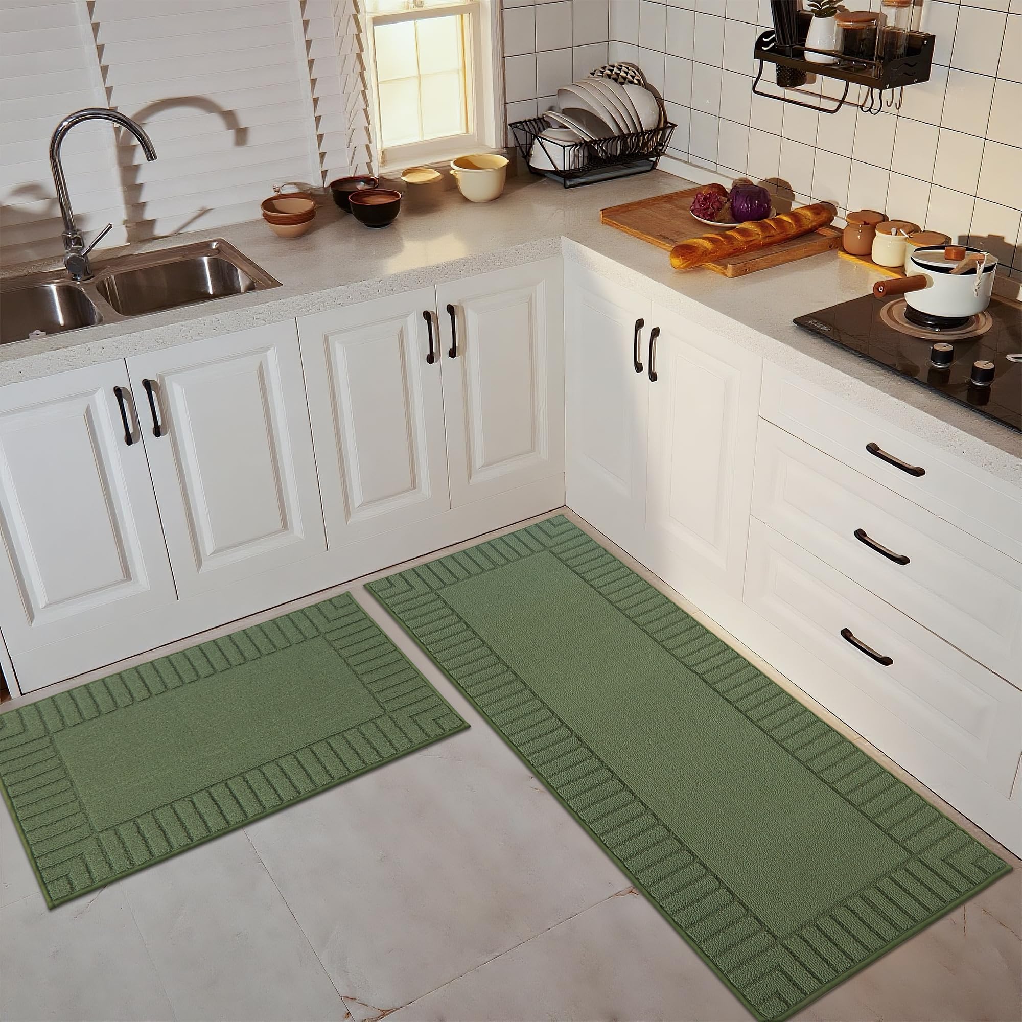 BEQHAUSE Keukentapijten, wasbare keukenmatten, antislip keukenmatten absorberende keukenloper met TPR antislip achterkant, set van 2 (60 x 89 cm 60 x 152 cm, groen