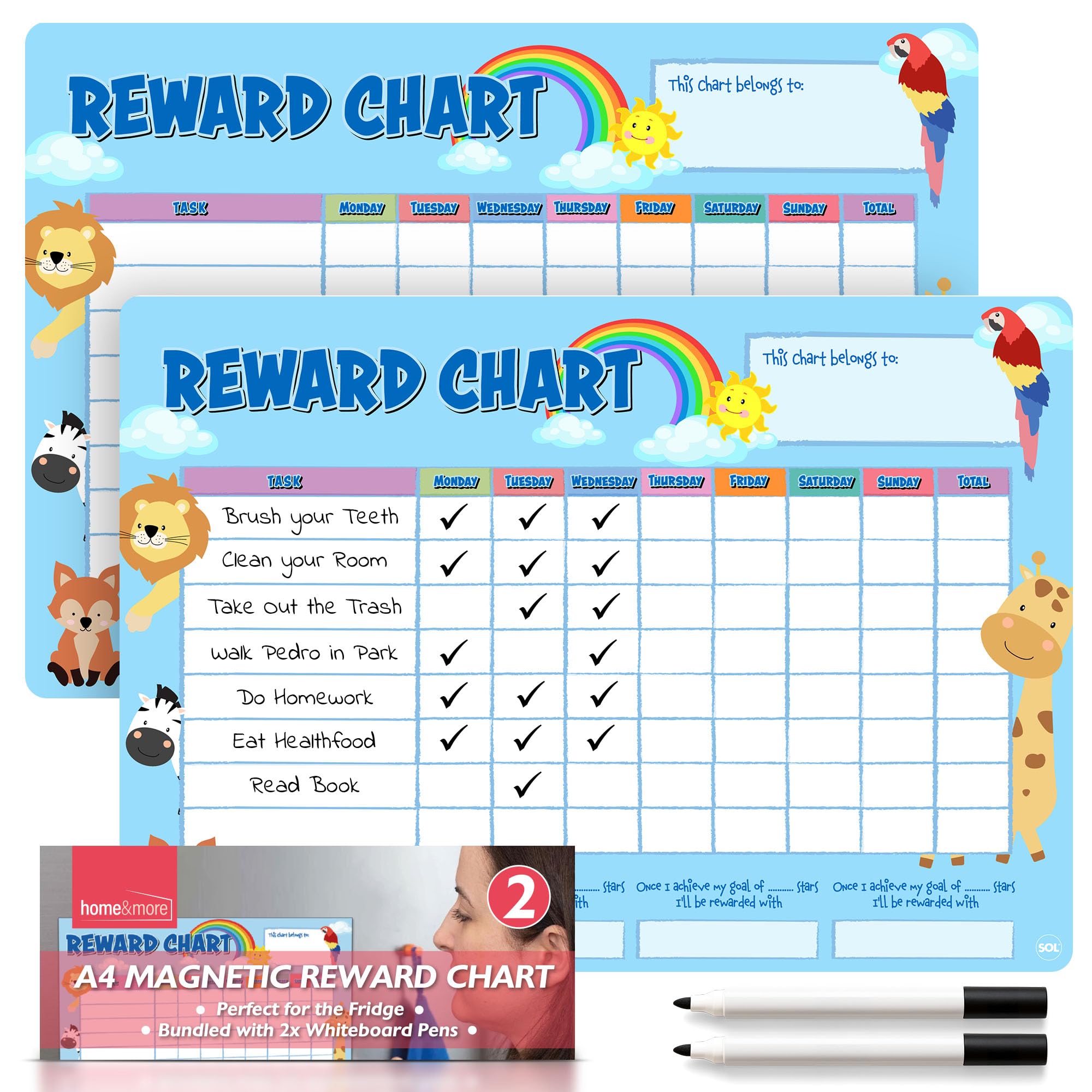 SOL 2pk A4 Reward Chart, 28.6cm x 22cm Magnetic Chore Chart for Kids, Reusable, Reusable & Easy to Clean Behavior Chart with Pen, Ideal for Responsibility & Task Tracking with Kid-Friendly Design