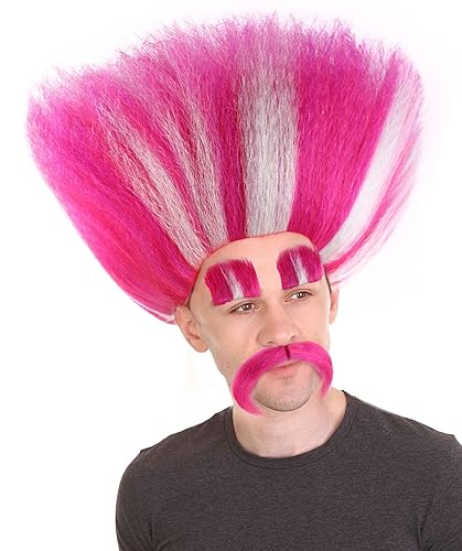 Miniatura 8 de HPO Peluca King Troll con cejas y bigote Pelucas de rayas rosas con rayas blancas para adolescentes y adultos Halloween Troll Cosplay y peluca de