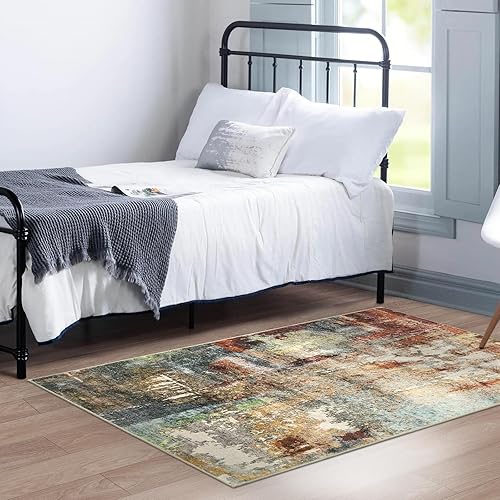 Miniatura 8 de Morebes Alfombra moderna lavable, antideslizante con respaldo abstracto de 3 x 5 pies, resistente a las manchas, alfombra roja para sala de estar,