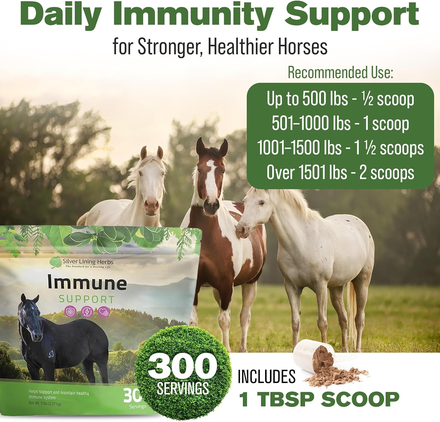 Silver Lining Herbs Immune Support for Horses – Natural Horse Supplements for Immune System, Stamina & Detox – Herbal Horse Health Formula – 5 lb (300 Servings)