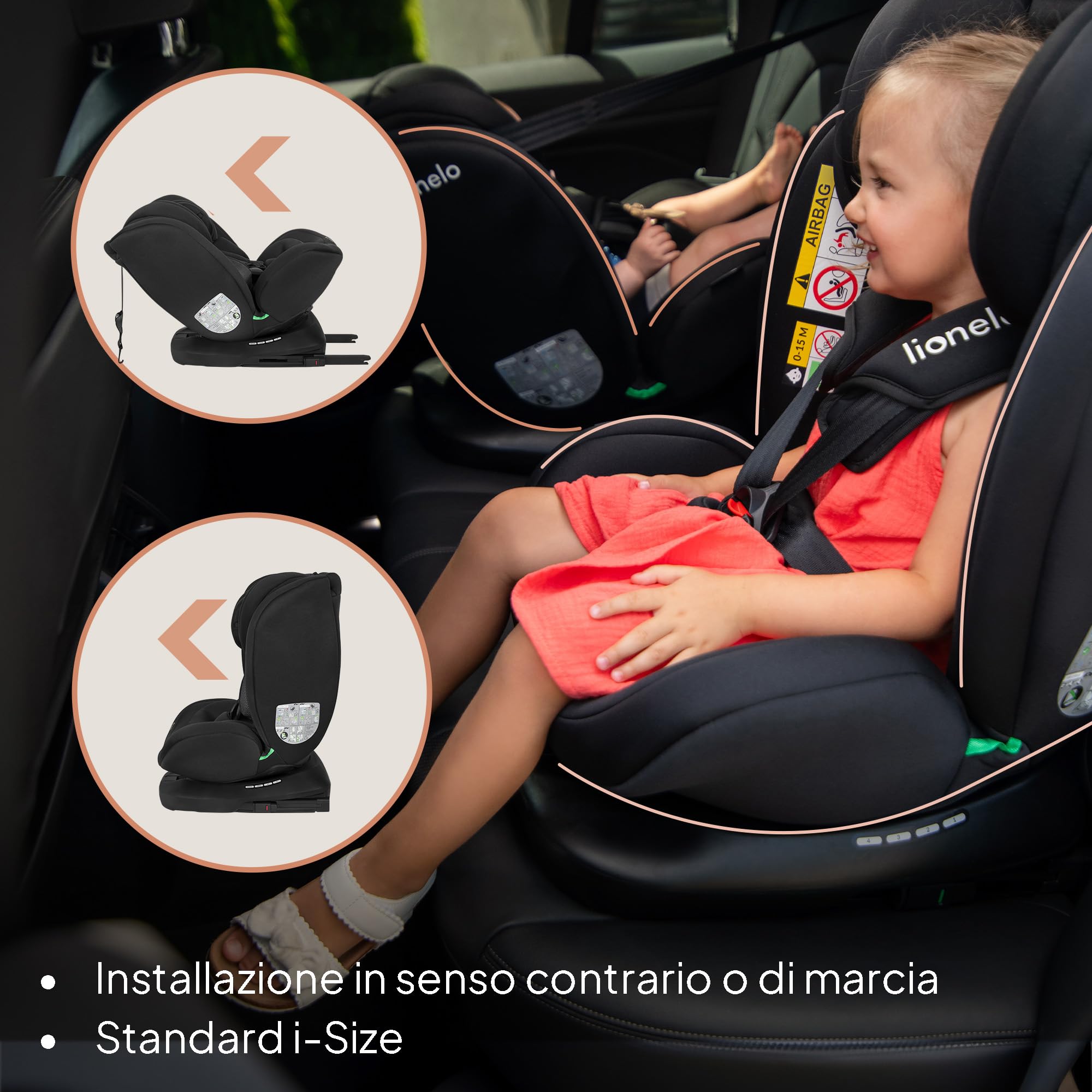 Lionelo Bastiaan i-Size Seggiolino Auto Evolutivo 4-in-1 per bambini 0-12 Anni (40-150 cm) ISOFIX e l'ultima Norma R129 Opzione Rivolto All'indietro, 21 Regolazioni, Girevole 360° Protezione Laterale