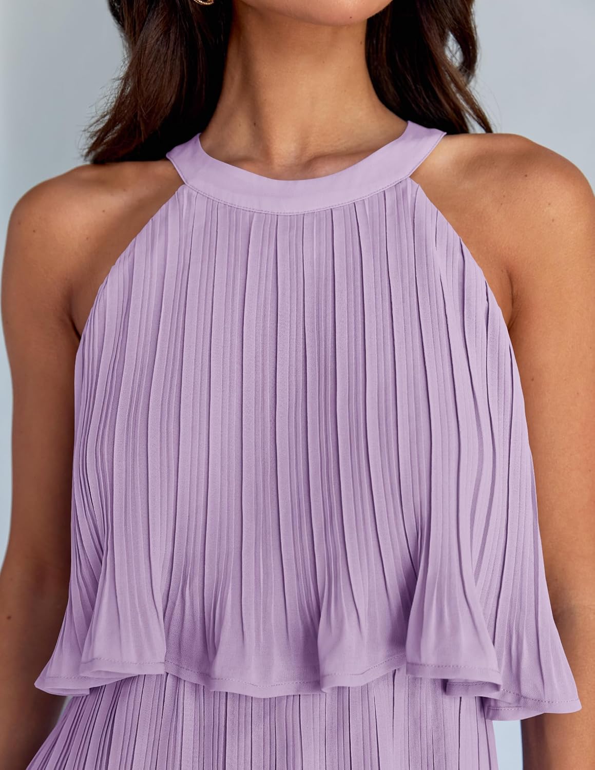 ZESICA Women's 2026 Summer Halter Cocktail Dresses Sleeveless Ruffle Tiered Chiffon Pleated Wedding Guest Mini Dress