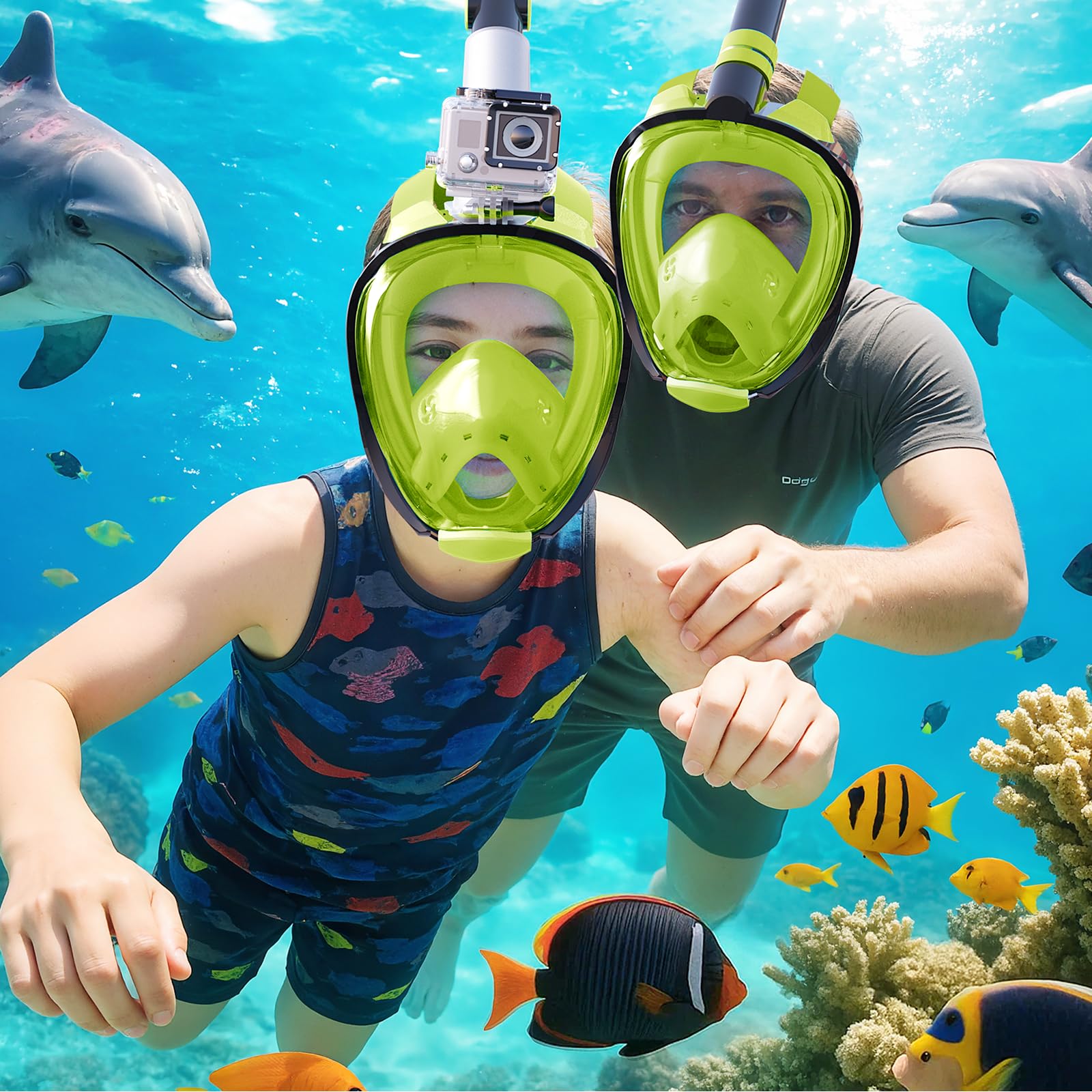 Greatever G2 Adults Kids Full Face Snorkel Mask 2 Pcs,Snorkeling Gear with Latest Dry Top System,Foldable 180 Degree Panoramic View,Safe Breathing,Anti-Leak&Anti-Fog Snorkeling Mask with Camera Mount