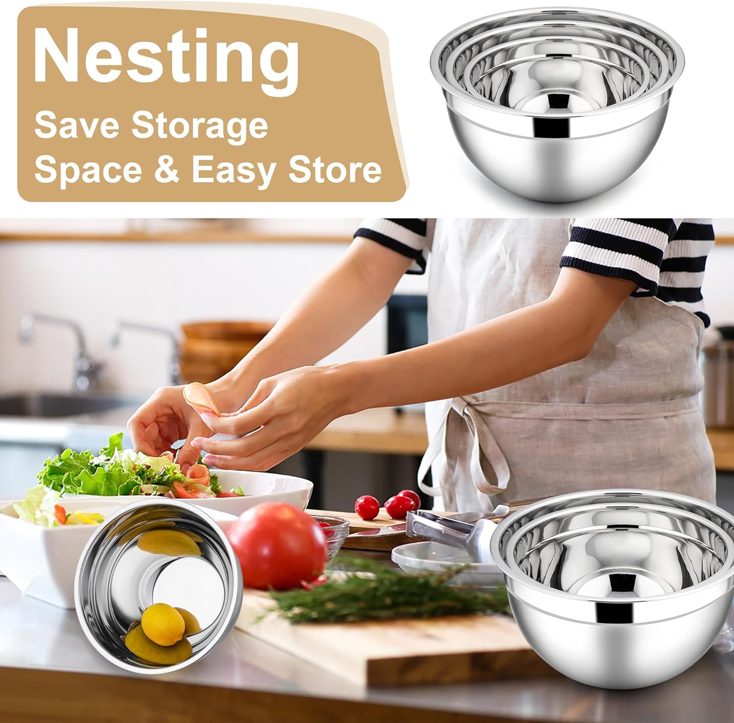 E-far Mixing Bowls with Lids, 6-Piece Stainless Steel Salad Bowls Metal Nesting Bowls for Baking Cooking and Prepping, Airtight Lids & Stackable Design, Size 4.5, 3, 1.5 QT (Khaki) - Image 5