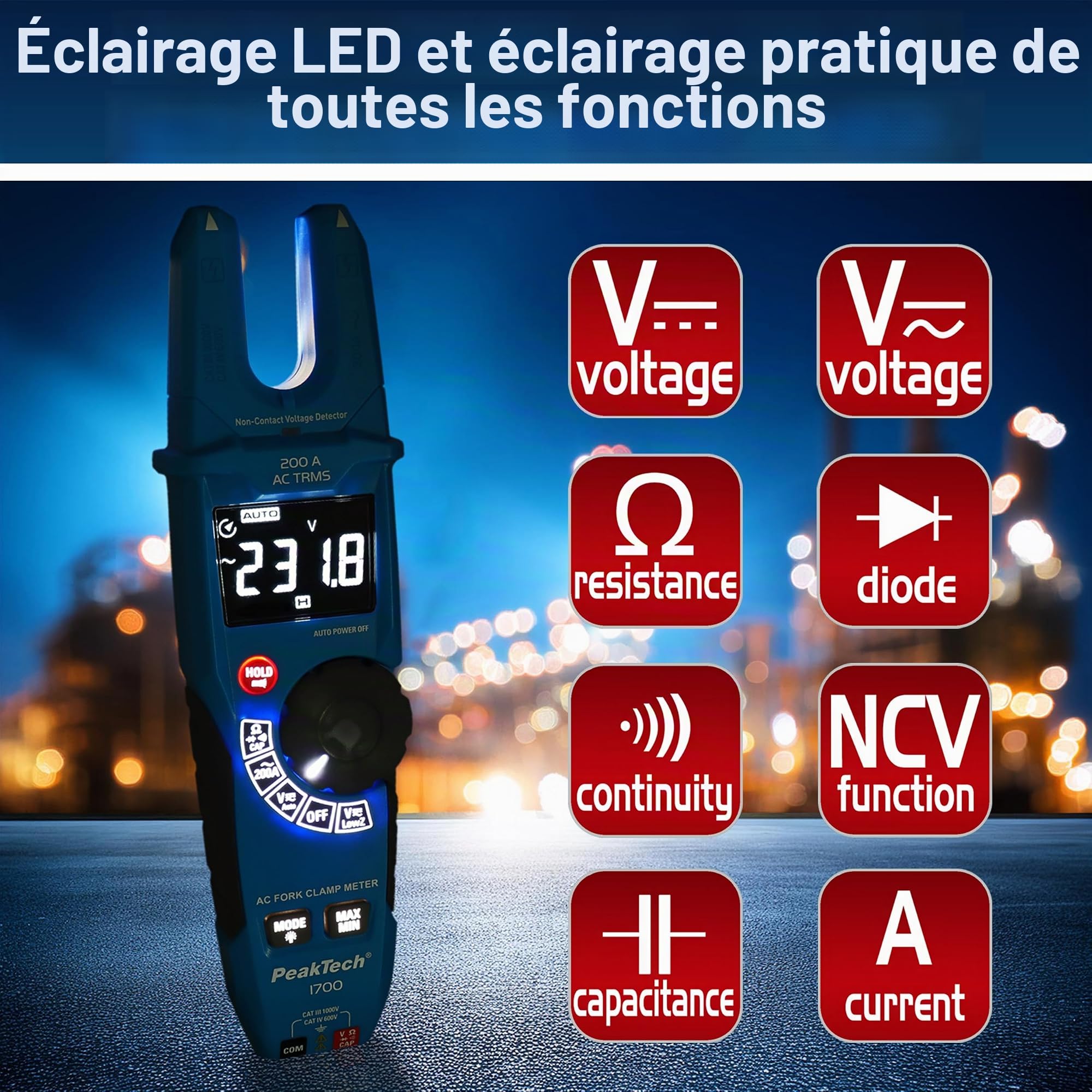 PeakTech P1700 - Pince ampèremétrique True RMS 200A AC - Ampèremètre à pince avec écran LCD - Pince ampèremétrique ouverte avec détecteur de tension